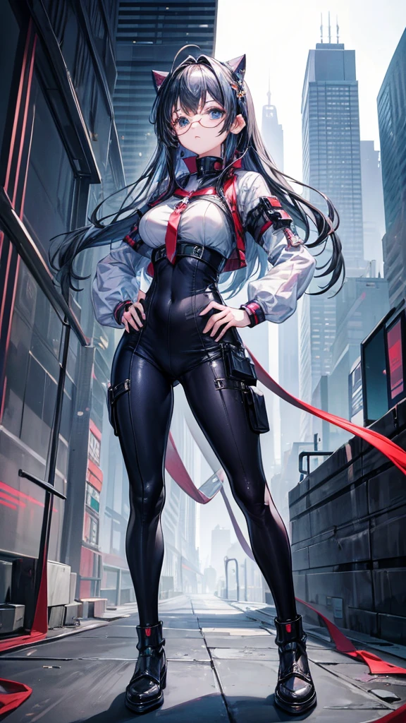 super masterpiece、Masterpiece、High quality、Best Quality、1 girl、Cyber City、Princess Long、Round Glasses、Standing with both hands on her hips, gazing into the distance