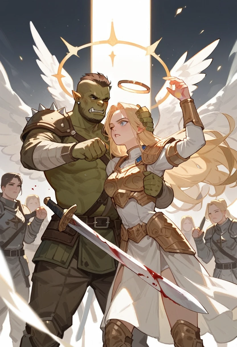 Illustration of an angelic female warrior, beautiful woman, long blonde hair, halo, golden armor, wings, fighting against orcs, blood, holding a orc head in one hand and a sword in the other hand, battlefield