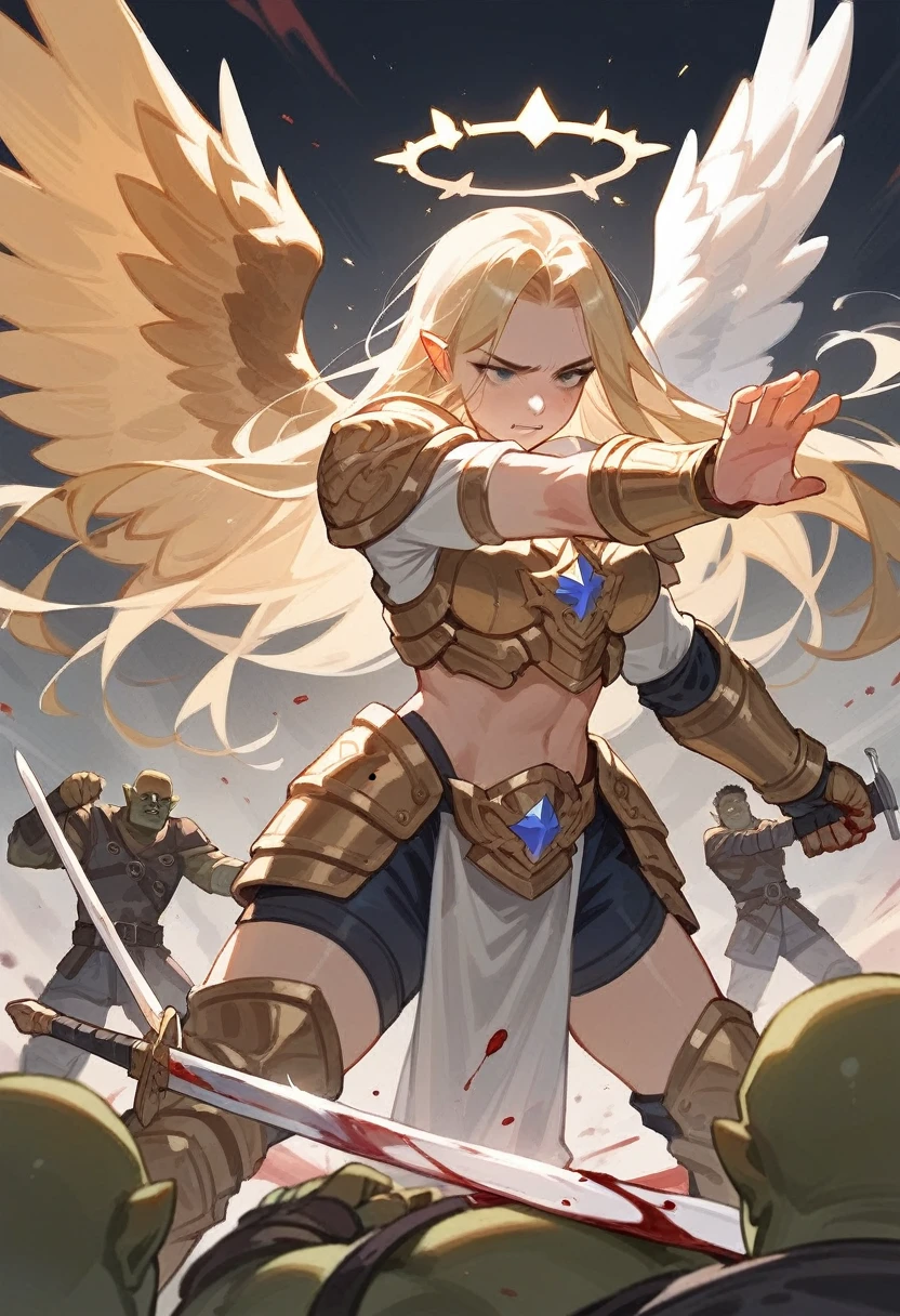 Illustration of an angelic female warrior, beautiful woman, long blonde hair, halo, golden armor, wings, fighting against orcs, blood, holding a orc head in one hand and a sword in the other hand, battlefield