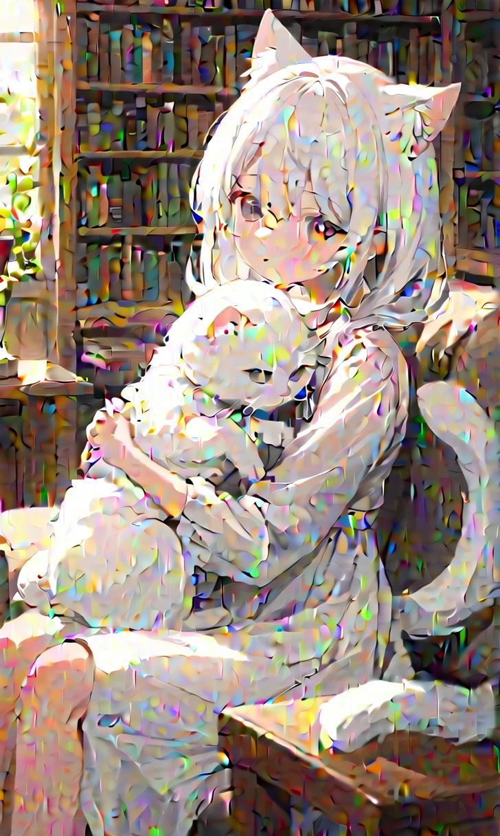 (masterpiece),(top quality),A high resolution,(very gentle and beautiful),(extremely detailed),
a young girl with white hair and a white dress sits on the sofa, hugging a white cat, She has cat ears and a tail, featuring, that she is a cat creature, human-like,  With window, allowing natural light to pass through, and a bookshelf, full of different books, near, you can see the cup, standing on the table,
depth of field, blurred foreground, blurred background