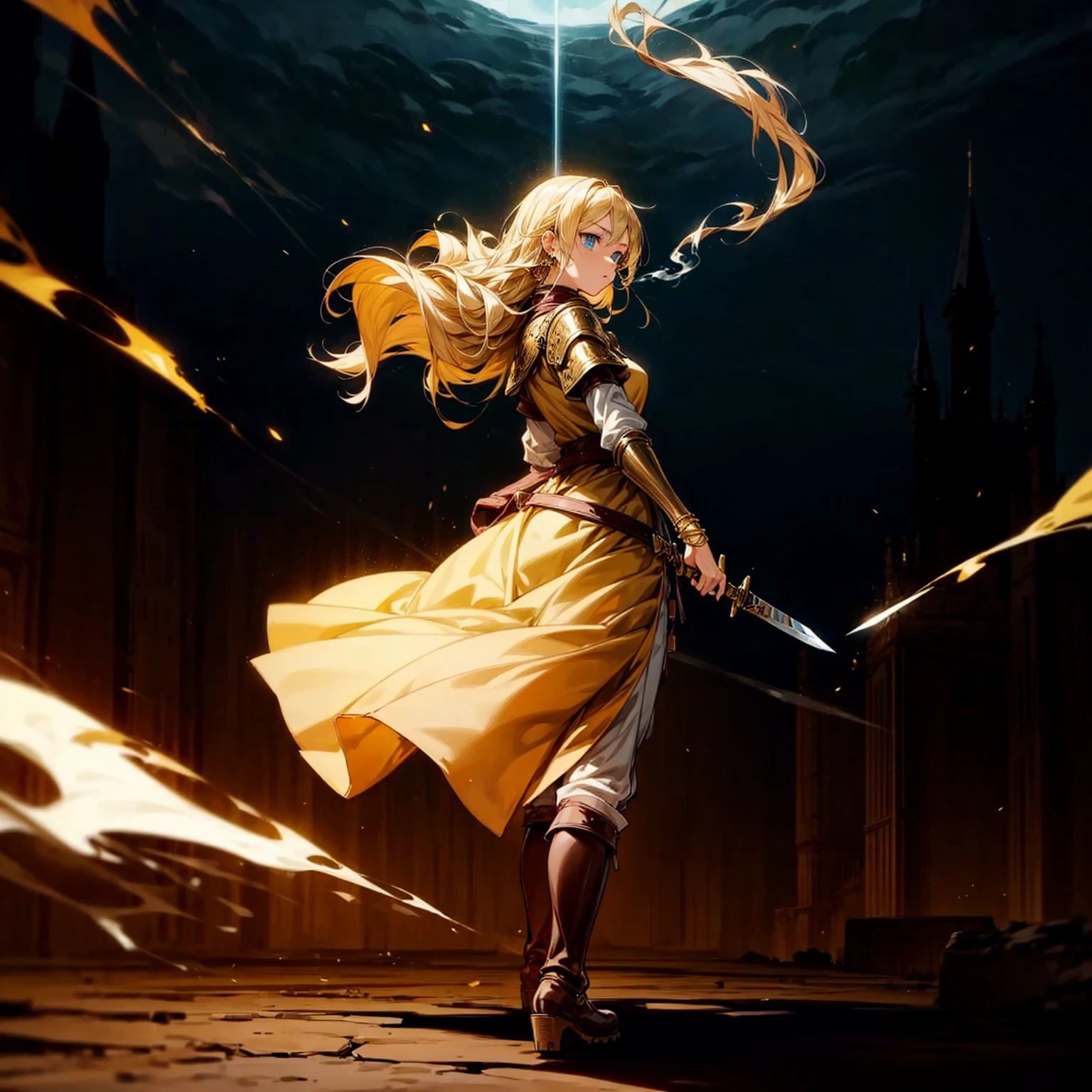 1girl, Full body version, 1character, adult version, blue eyes color, long Curly haircut, blonde colour hair, Gold earrings, gold bracelets, medieval style clothing, black armor, long boots, knife Assassin in hand Grassroots, background in castle square, motion blur, standing gesture, smoke effect, lighting, lighting gold, plasma effect, aura effect, (attack on Titan style art)
