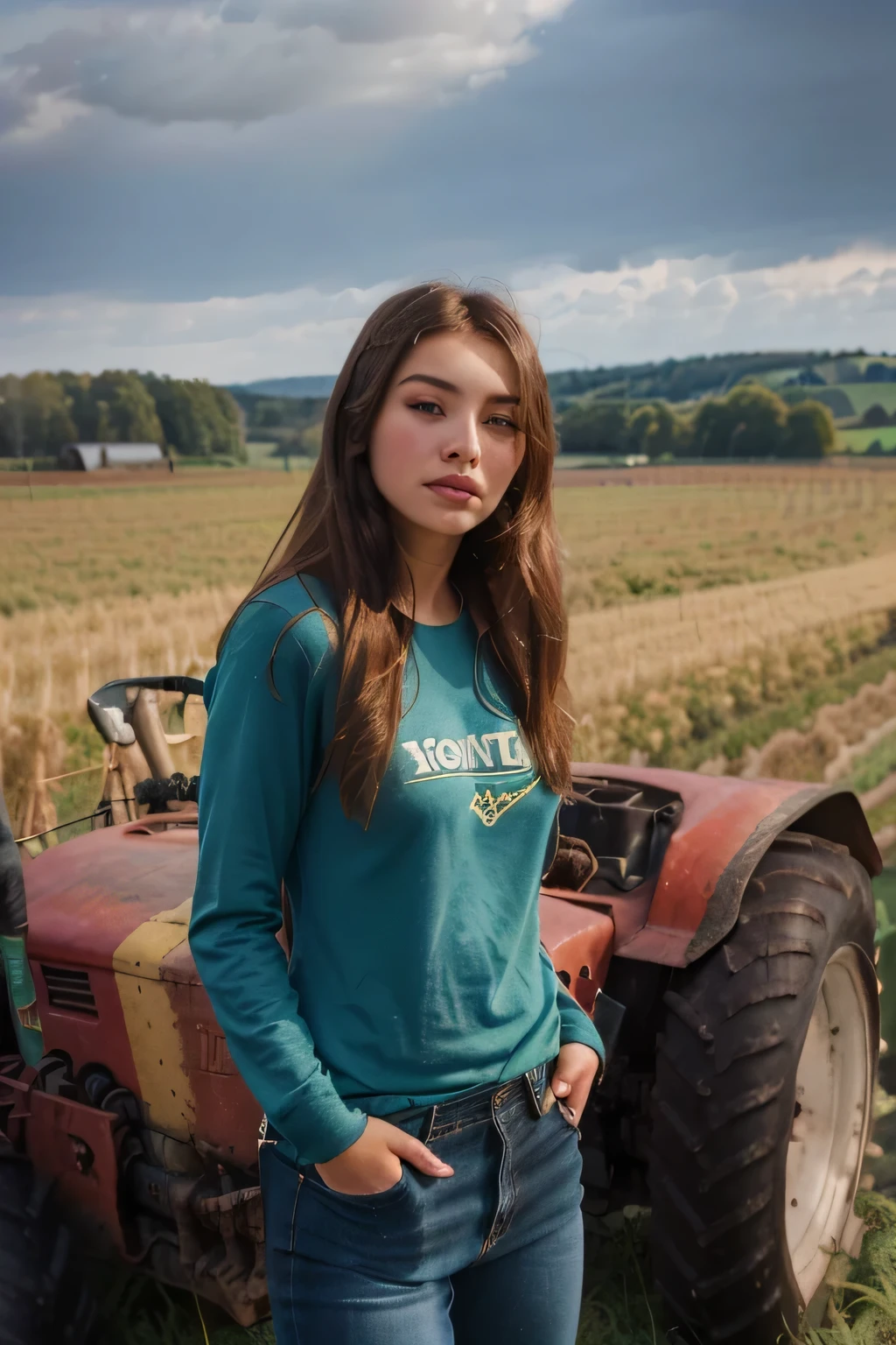 arafed woman standing in front of a tractor in a field, mid shot portrait, by Daniel Schultz, wearing farm clothes, on a farm, official product photo, mid portrait, promo shot, portrait sophie mudd, beautiful female, ( ( emma lindstrom ) ), profile picture, profile pic, profile image, photo of young woman, isabela moner