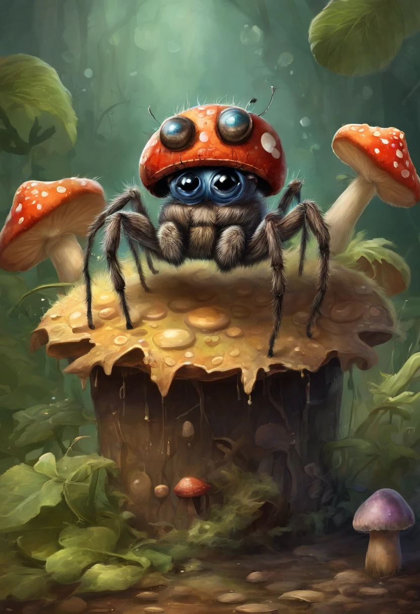 ((robot jumping spider standing on mushrooms, garbage pail kids style)), under water, 3d cartoon, high quality, detailed,