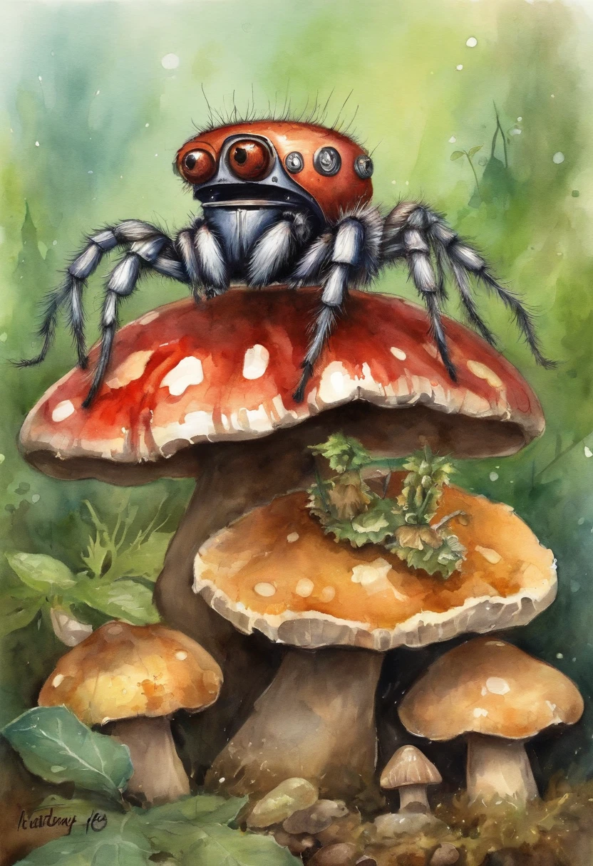 ((robot jumping spider standing on mushrooms, garbage pail kids style)), under water, 3d cartoon, high quality, detailed,