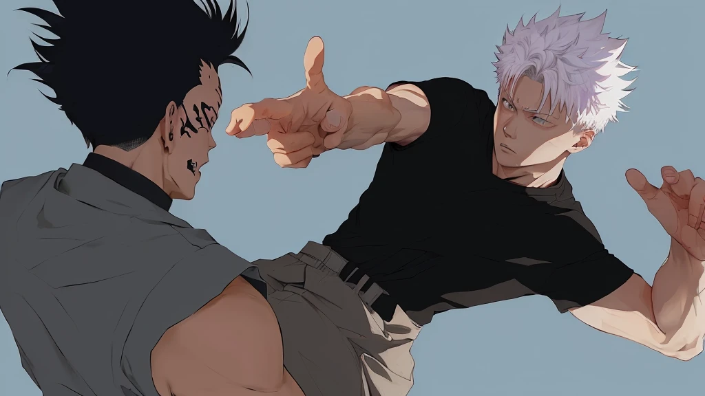 anime characters are fighting with each other in a fight, close-up fight, anime fight, fight pose, jujutsu kaisen, fighting pose, badass pose, fight scene, kentaro miura manga art style, kentaro miura art style, fighting scene, very modern anime style, aggressive pose, colored manga panel, high quality fanart, detailed fanart, jujutsu kaisen, gojo satoru, jujutsu kaisen, anime