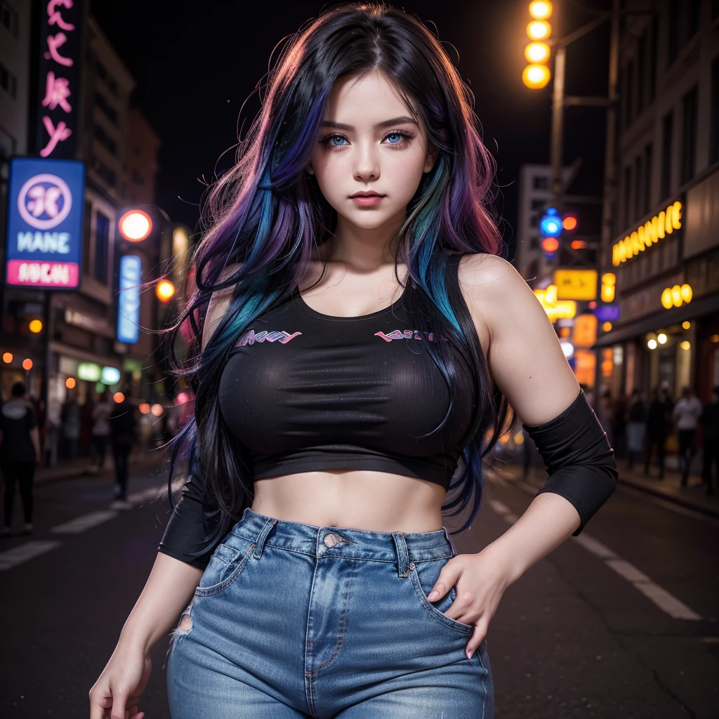 A beautiful young woman, aged 28, long rainbow colored hair, sapphire blue eyes that shine like gemstones, curvy figure, wearing a black cropped t-shirt with a floral pattern, wearing low rise dark purple jeans, colorful city background with neon, nighttime, blood red moon in the sky, neon smoke