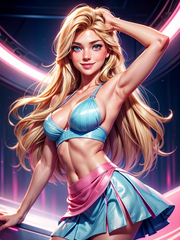 a woman with long blonde hair, blue eyes, with a sexy pink and blue cropped skirt, smiling, happy, cheerful, high definition, Ultra Quality hair, Ultra Quality face, Ultra Quality image, cinematic lights,,,, sensual and sexy pose (medium and exposed breasts).