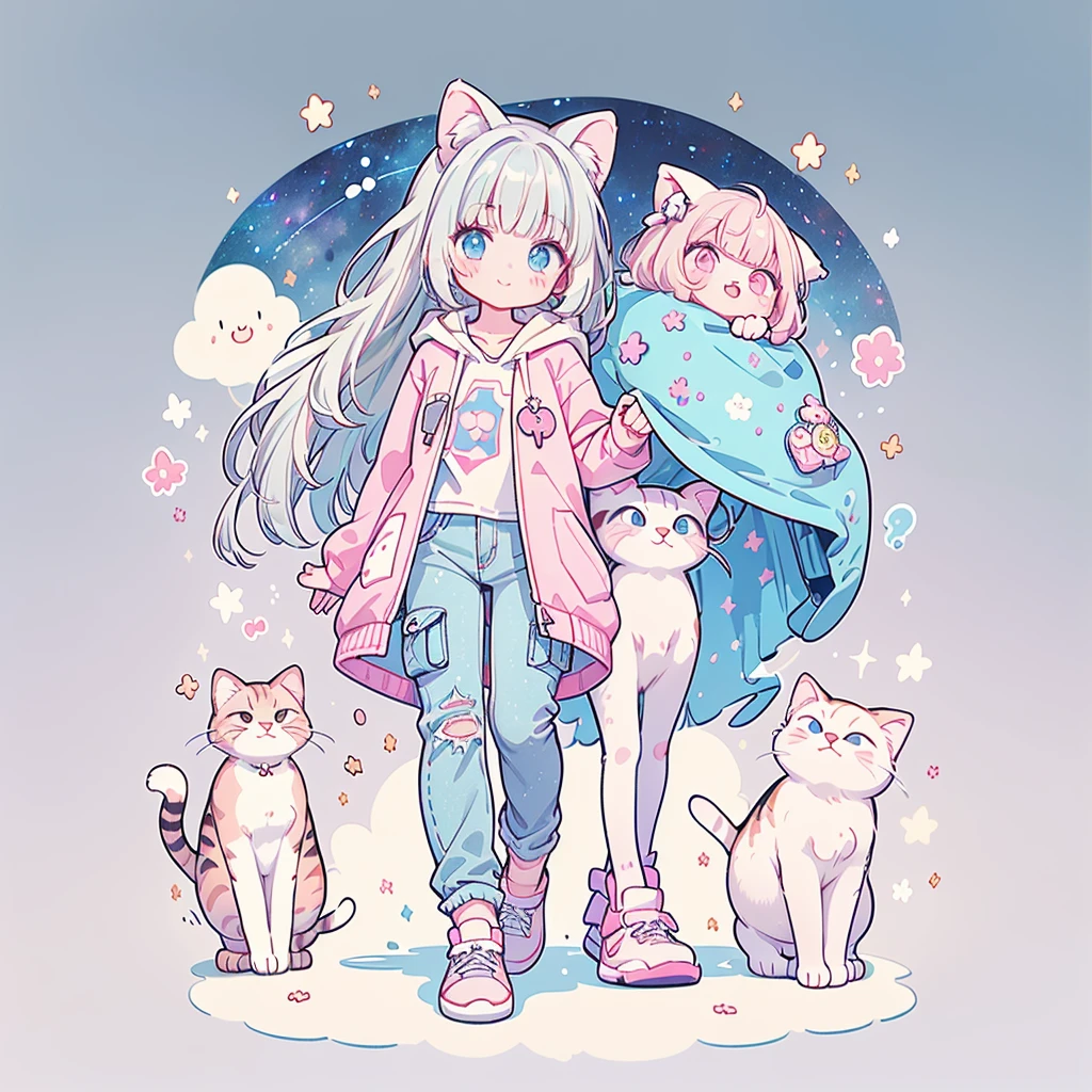 ((Highest quality，masterpiece，Extremely complex and exquisite details，A short girl with gray and blue cat ears and long hair is in the center，Gray blue super long straight hair，Curly hair at the ends，Sparse air bangs，Gray and pink T-shirt with xJ lettering，Denim hooded cropped jacket，Black and gray long cargo pants))，(pink and white sneakers，Smile slightly，Surrounded by tons of cute short-legged cats，Correct anatomy)，Super Q super cute short full body portrait，Starry sky background vertical painting space scene