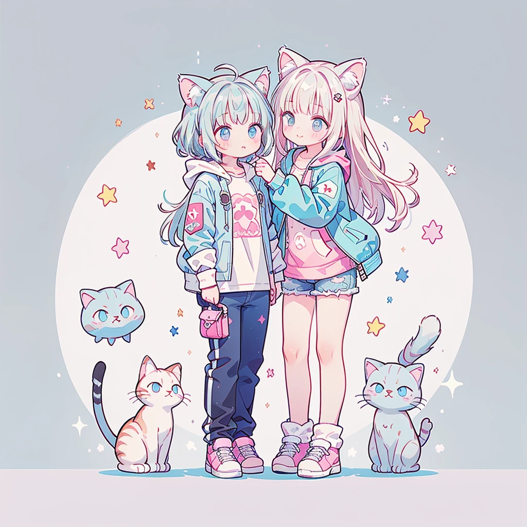 ((Highest quality，masterpiece，Extremely complex and exquisite details，A short girl with gray and blue cat ears and long hair is in the center，Gray blue super long straight hair，Curly hair at the ends，Sparse air bangs，Gray and pink T-shirt with xJ lettering，Denim hooded cropped jacket，Black and gray long cargo pants))，(pink and white sneakers，Smile slightly，Surrounded by tons of cute short-legged cats，Correct anatomy)，Super Q super cute short full body portrait，Starry sky background vertical painting space scene