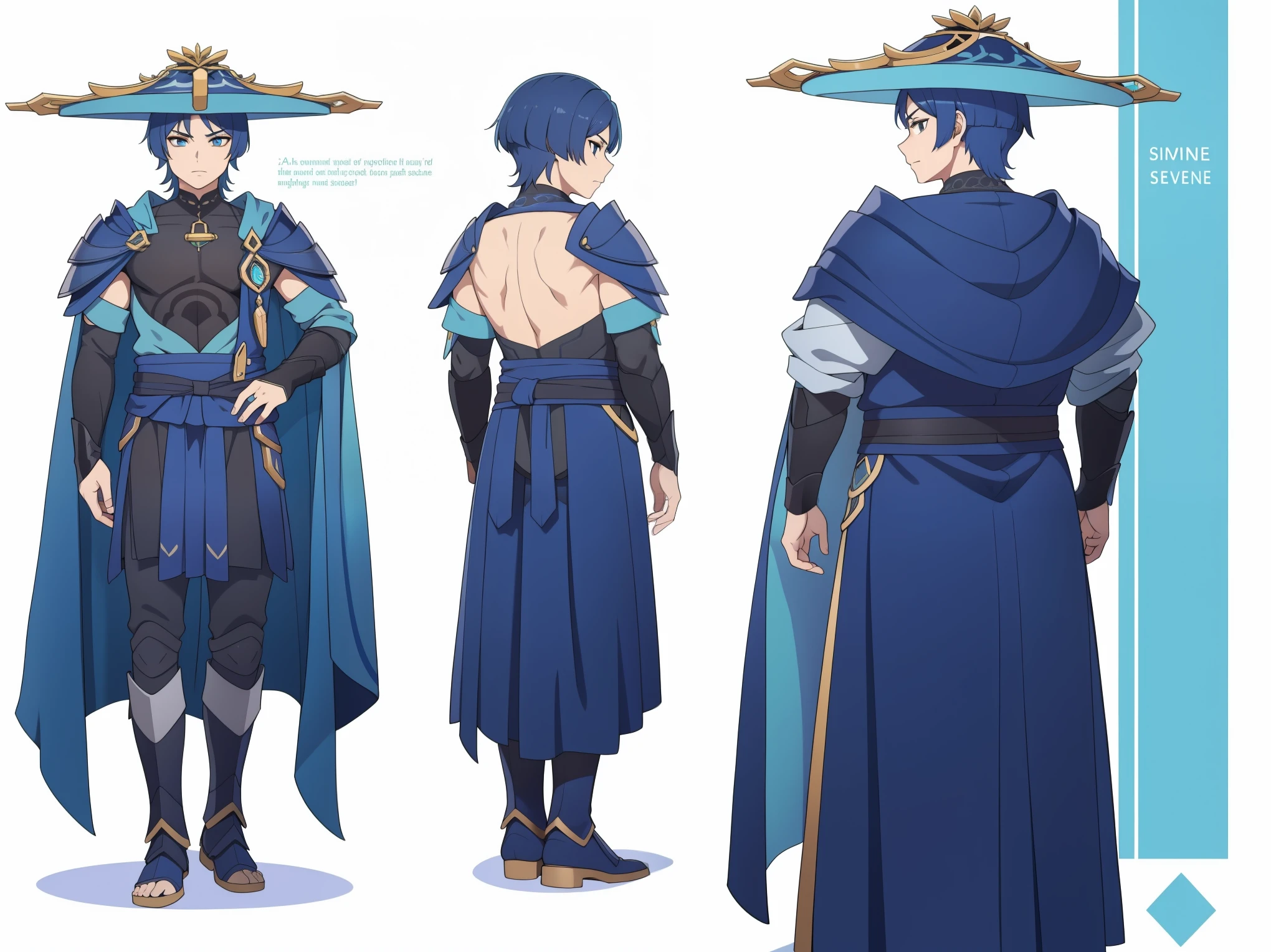 Big hat, Cape, Metal armor, Body armor, shoulder pads (shiny cyan armor:1.0)Sfw, (Wanderer:1.0)Thin, fit, 1boy, solo, male focus, looking at viewer, upper body, hair, realistic, hat, default clothing, wanderer clothing, (character design sheet, full body, front, side, back), Illustration, environment change, pose (simple background, white background: 1.0)
