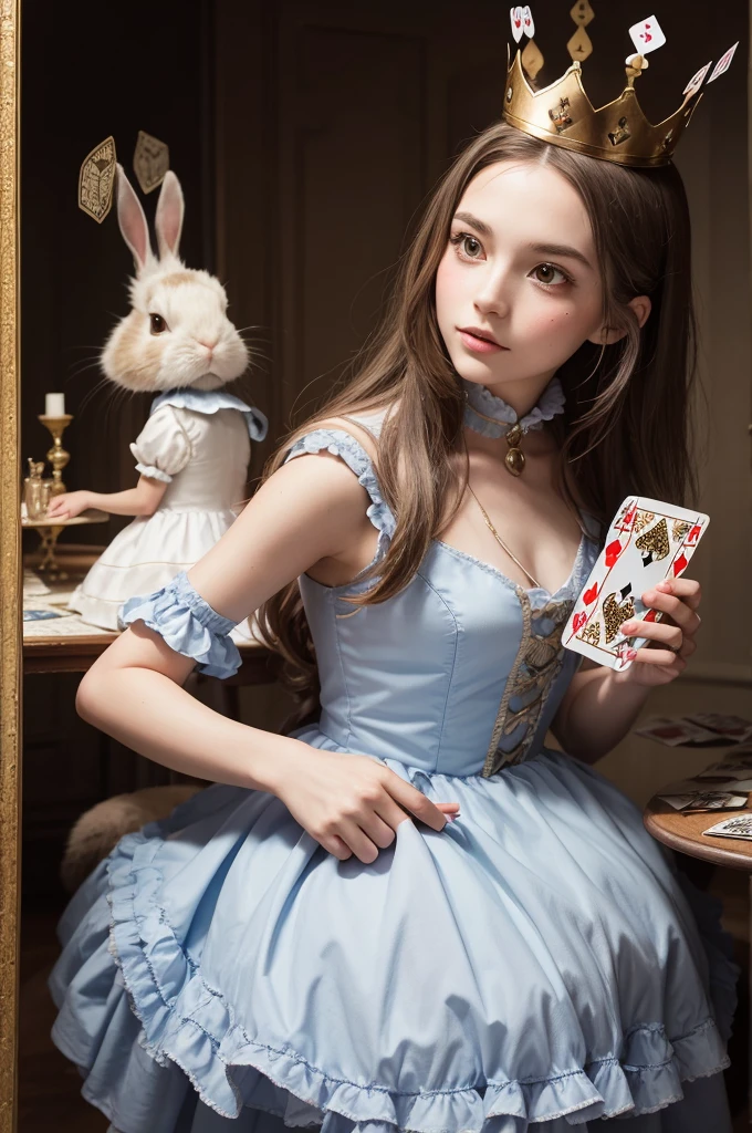 human with several rabbits, and a rabbit head, in boots and dress, with playing cards, and a crown, like Alice in Wonderland
