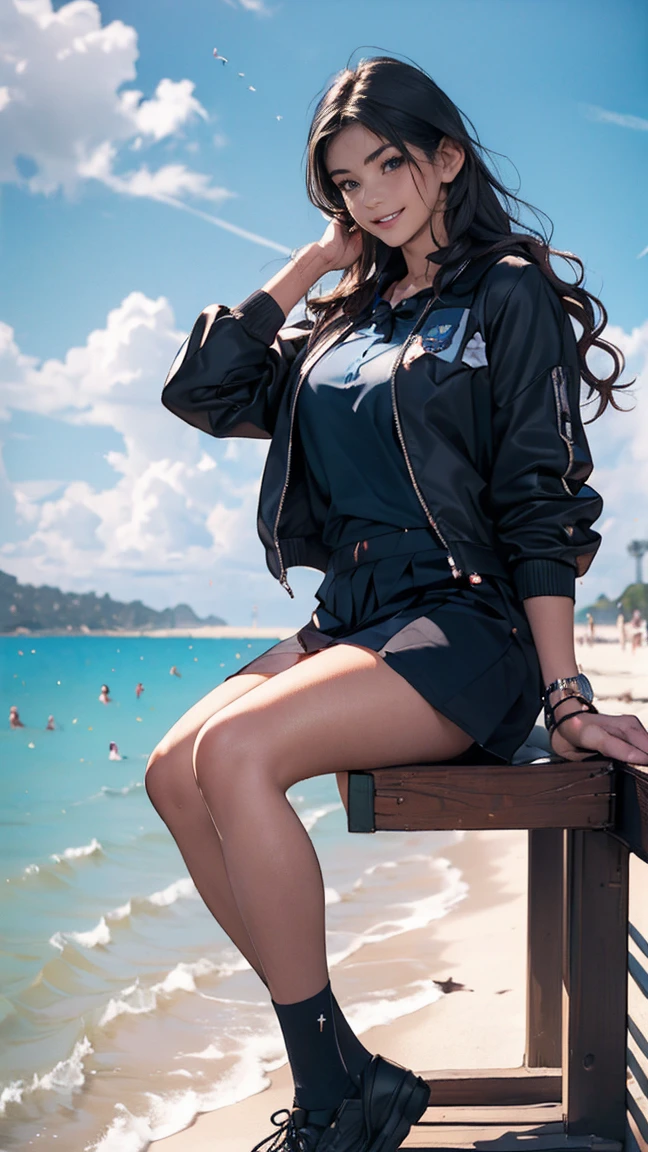 ((最high quality, 8K, masterpiece: 1.3, Ultra HD, high quality, 最high quality, High resolution, realism)) 、18-year-old Caucasian man、Women、 Hair  is black、 hair is wavy、smile、(((front)))、sit on a high breakwater on the beach、blue sky、(((Girls&#39; school uniform)))、((Spread your legs and show your white )))))