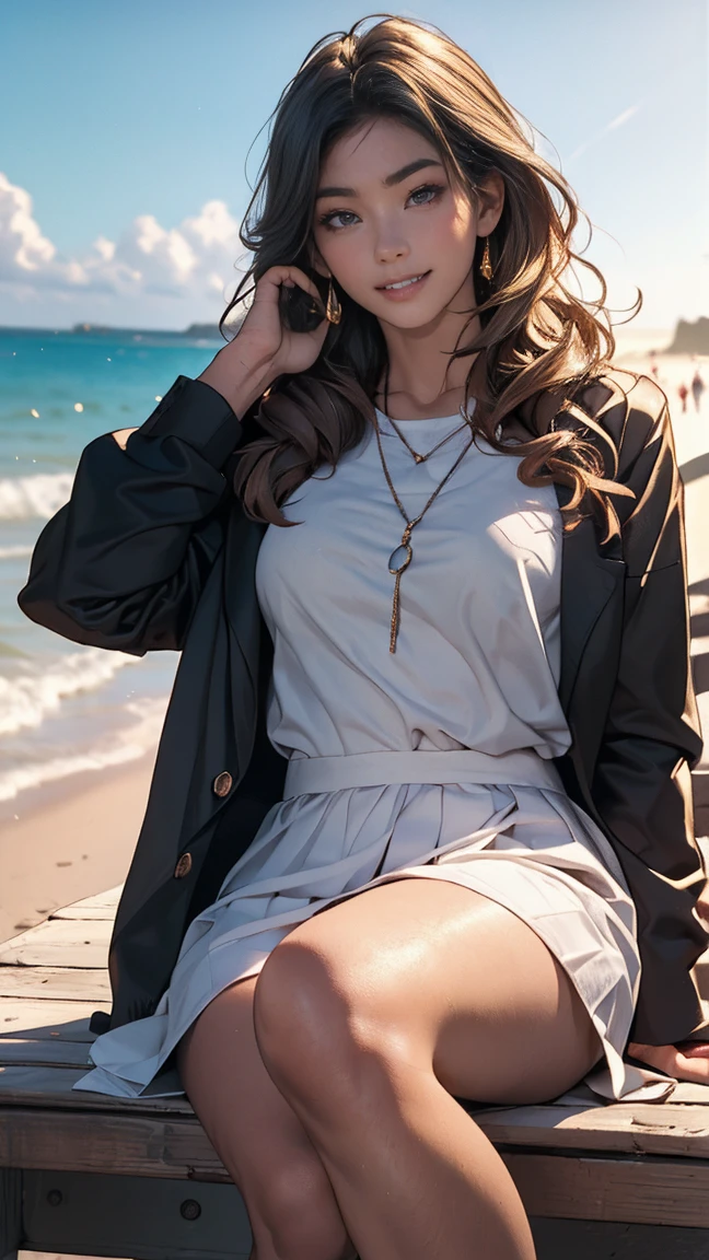 ((最high quality, 8K, masterpiece: 1.3, Ultra HD, high quality, 最high quality, High resolution, realism)) 、18-year-old Caucasian man、Women、 Hair is black、 hair is wavy、smile、(((front)))、sit on a high breakwater on the beach、blue sky、(((Girls' school uniform)))、((Spread your legs and show your white panties)))))