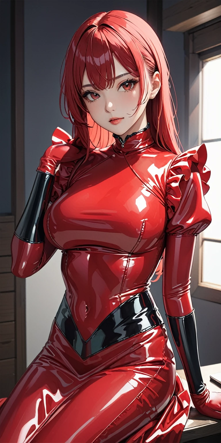 portrait、(masterpiece,of the highest quality,ultra high resolution),japanese women, (((Very beautiful girl of 25 years))),(Bright Red Latex Maid Costume.)、((Long bright red latex skirt.))、(A bright red long-sleeved latex shirt that covers the upper body.)、Bright red latex gloves.、Bright red latex socks、(Bright red latex bodysuit)、The clothes fit perfectly、Latex has a very strong shine...、dark room、big breasts