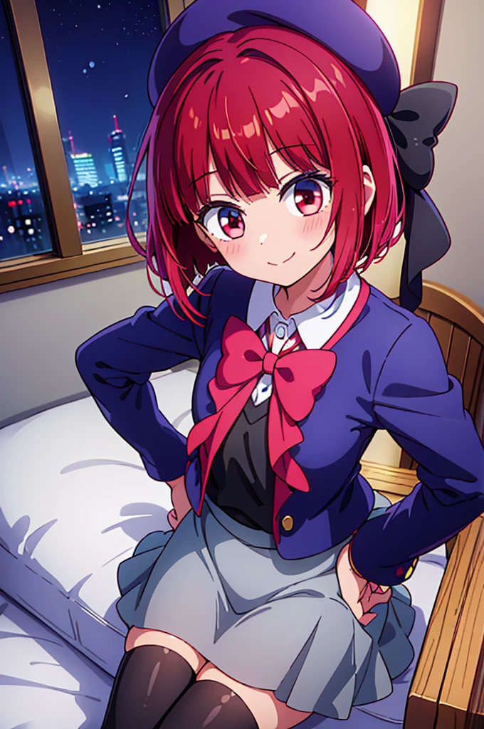 ((masterpiece)), ((best quality)), (ultra-detailed), ((kawaii)), cute, (lovely),(gleaming skin),from directly above,looking up at viewer,hand on hip, seductive smile, arima kana,aakana,red hair, short hair, beret, red eyes, blue headwear, red bowtie, collared shirt, blue jacket, open jacket, long sleeves, grey skirt,black thigh high socks,night,hotel room