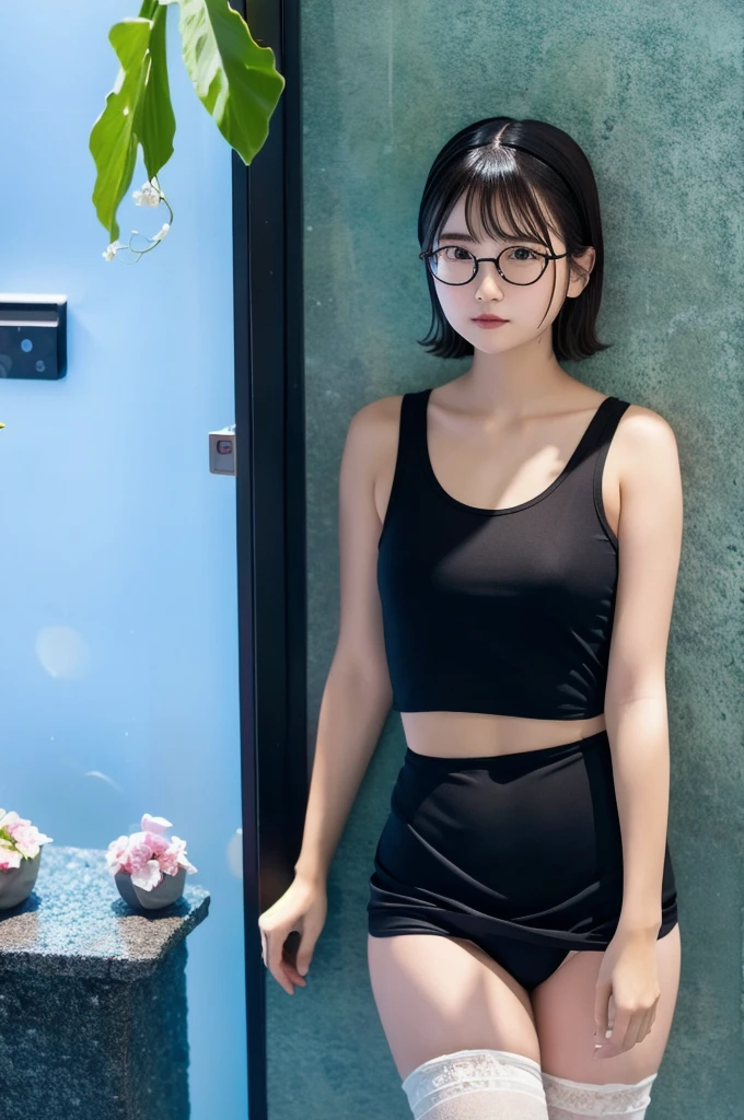 (masterpiece, Highest quality, It captures a very cute moment, Depth of written boundary, Super detailed, Ultra-high resolution, C4D, Octadale, 3D Modeling,Realistic human photos、 8K, 16K, One Girl,Middle school students, Small breasts,Black Hair,short hair,Straight Hair,Light brown eyes,White headband,Wearing black glasses,Cute face), Bloomers, Black tank top, zettai ryouiki, Wet clothes,Classroom Nights,Moonlight, Good elevator, Take off、Real-life skin、Not an anime、Realistic、Not an illustration