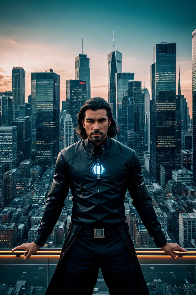 “Stylized portrait of an entrepreneur against a city skyline, with dramatic lighting and a futuristic look.”