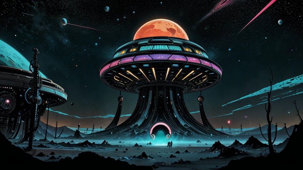 Create a dazzling alien world in the style of 1950s-70s comic book art. Use bold outlines, halftone patterns, and exaggerated perspective. Employ intense, saturated colors reminiscent of vintage four-color printing. Include one or more of the following elements:
A gleaming futuristic city with impossible architecture and flying vehicles
Bizarre, tentacled monsters with multiple eyes and otherworldly appendages
A desolate, crater-filled landscape with twin moons in the sky
Retro space girls in sleek silver suits and bubble helmets
A massive, ring-shaped space station orbiting a technicolor planet
Crystal formations and alien plant life in neon hues
Maintain a psychedelic, otherworldly atmosphere with swirling, colorful skies and strange celestial bodies. Emphasize the contrast between light and shadow to create a dramatic, pulp sci-fi feel.