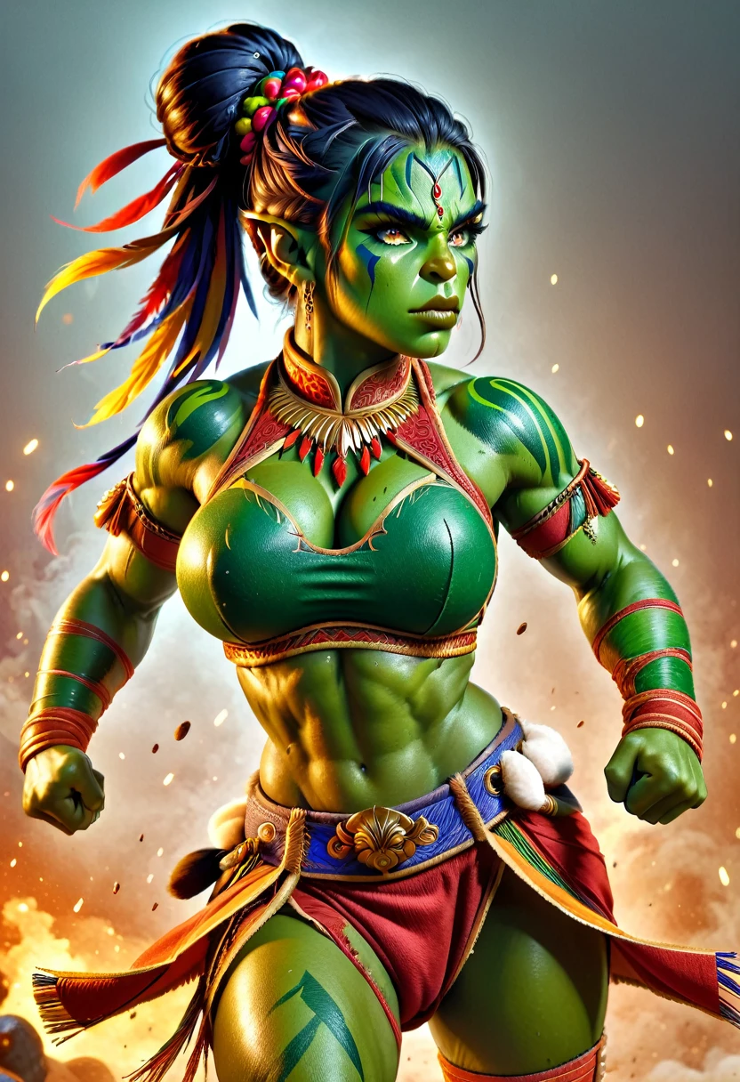 (a beautiful orc woman warrior with green skin, tusks, 6 pack abs, toned muscles, long single braid with bun, east indian clothing, colourful bodypaint, fierce expression, perfect skin, large breasts, pouty lips, dramatic martial artist pose, boxing, fist wraps, full body shot, photorealistic masterpiece painting, model shoot style, extremely detailed CG octane render, 8k, sharp focus, high detail, intricate, dramatic, vivid colors, best quality, masterpiece:1.2)