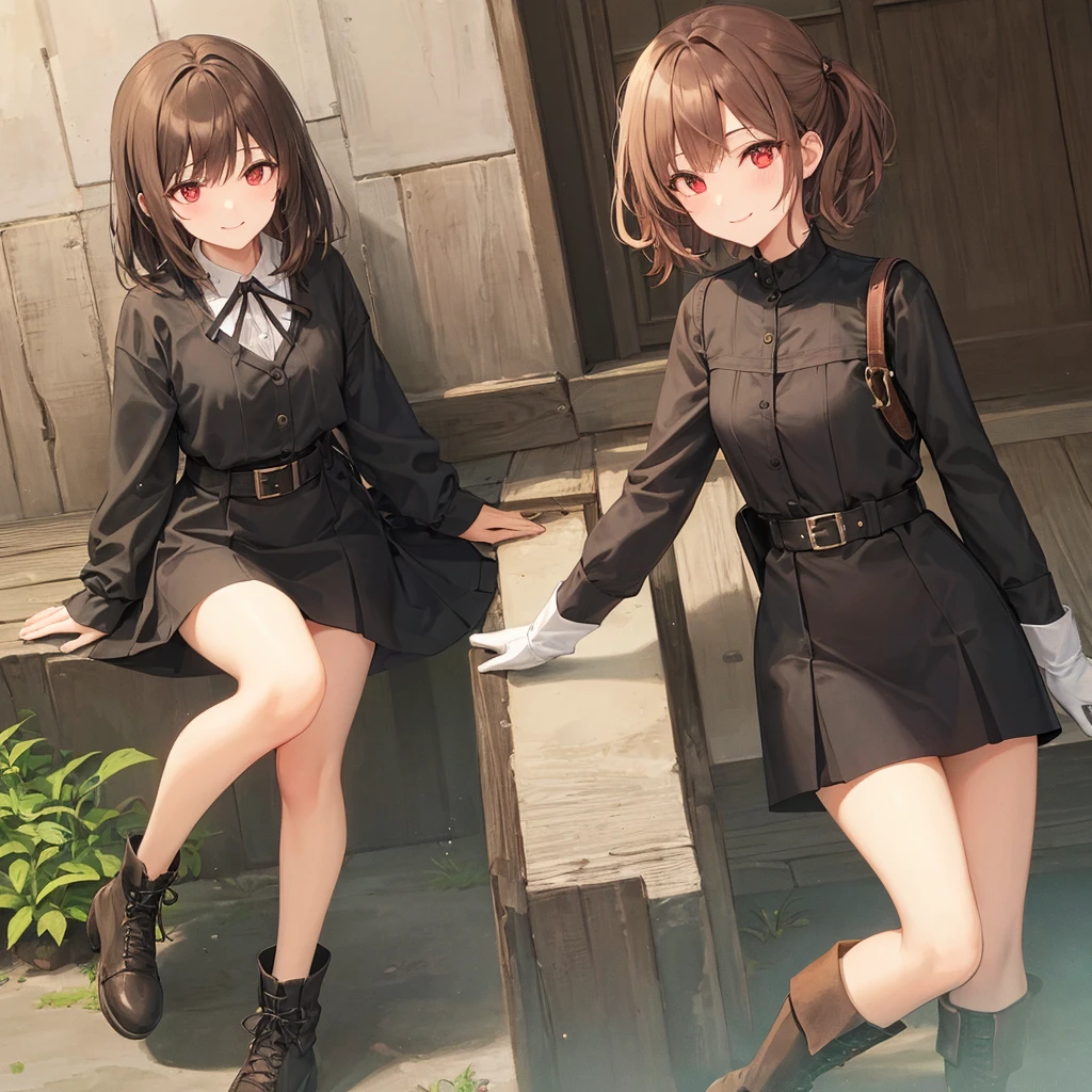 Old woman, Little smile, red eyes, Brown hair, black boots, short black skirt, long sleeve white shirt, black gloves.