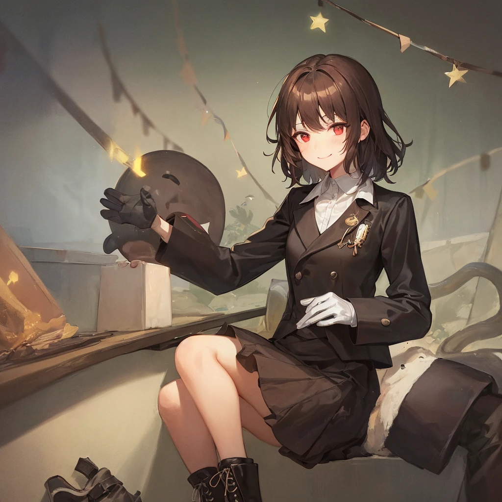 Old woman, Little smile, red eyes, Brown hair, black boots, short black skirt, long sleeve white shirt, black gloves.