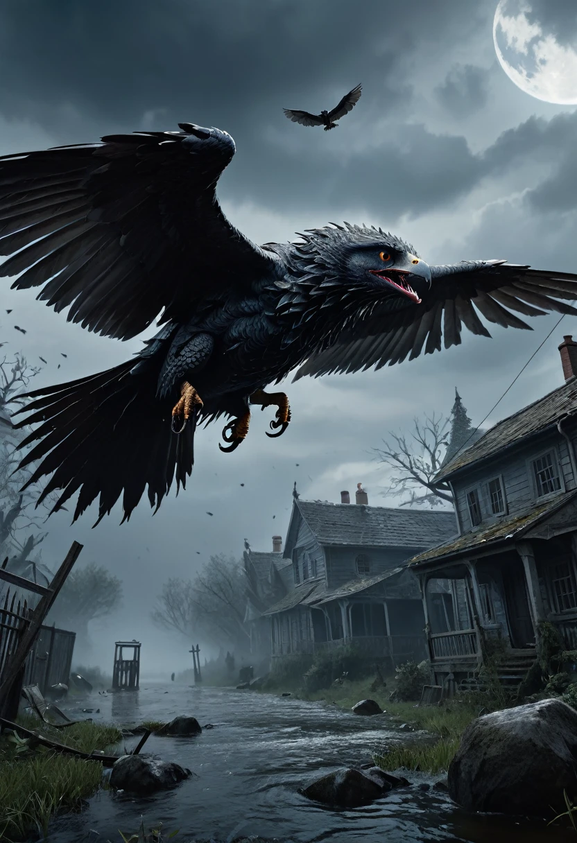 high quality 8k resolution, detailed and haunting, best quality, masterpiece, photorealistic, ultra-detailed, winged horror flying