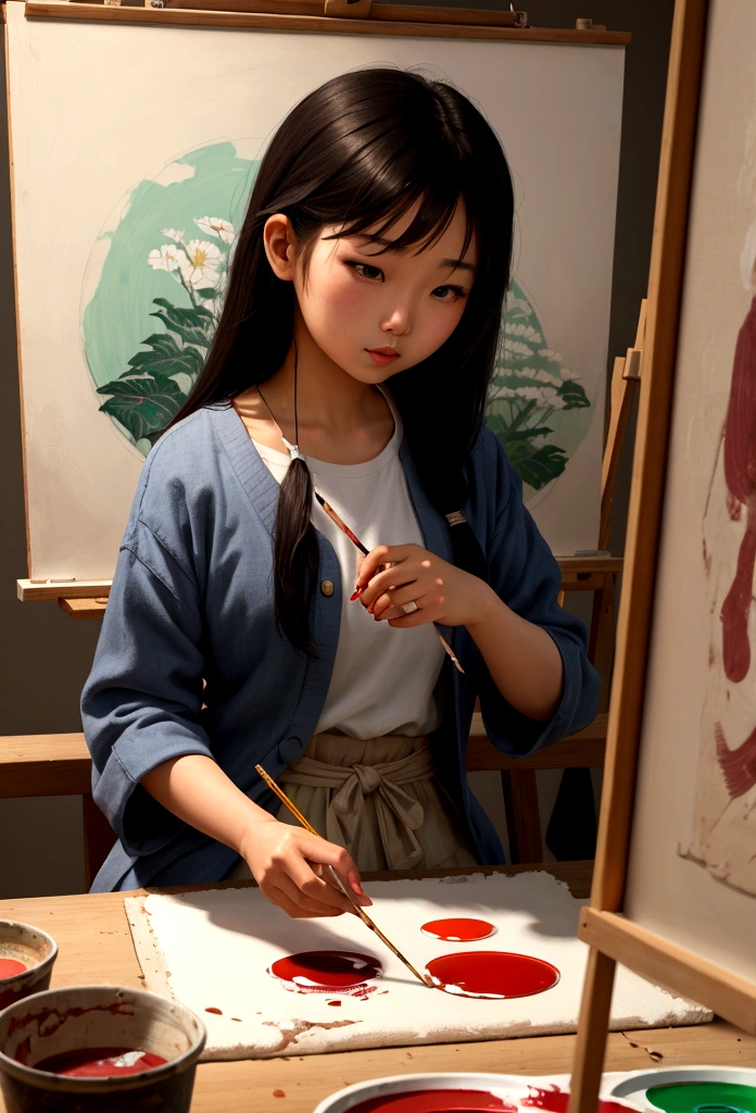 asian girl painting in studio