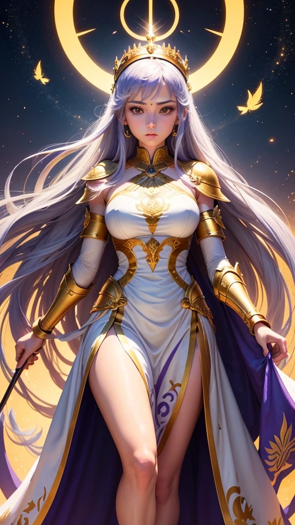 Por favor, draw Sasha, the reincarnation of Athena from the Knights of the Zodiac, with the following details:Costume and Armor: Sasha must be wearing a long dress, white and fluid, simbolizando pureza e divindade. The dress must have details in gold and purple, colors associated with Athena. She must wear a golden tiara with an olive leaf ornament, symbolizing wisdom and peace.Position and Posture: Sasha must be in a majestic and serene position. She may be standing, with one hand extended in front, symbolizing protection and benevolence, or holding Nike's crosier, the scepter with the statue of the goddess of victory, in a firm, protective position.Facial expression: Sasha's expression must be calm, compassionate and serene, reflecting your divine and protective nature. Your eyes should convey kindness and wisdom.body hair: Draw Sasha with her long purple hair, fluttering lightly to add a sense of movement and divinity.scenario: The setting should be a classical Greek temple or celestial environment, with marble columns, soft, heavenly light, and details of olive trees in the background. There may be a slight golden aura around Sasha to emphasize her divine nature.Accessories and additional details: Include details like gold bracelets and earrings. Add a slight glowing aura around her to enhance her divine presence. The background may have a clear blue sky with soft white clouds, complementing the heavenly atmosphere.