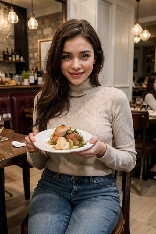 Beautiful woman, Scrawny, healthy, happy expression, satisfied with the body, dressed in jeans and a cold coat and wearing a turtleneck underneath, fashionable clothes of the year 2024, ela está em Maison de La Truffe um restaurante chic em Paris, posing for a photo sitting on a chair holding a typical French dish, chestnut velouté with duck foie gras, and smiling, Photo to post on Instagram, face detailed, gorgeous eyes, beautiful lips, detailed hair, athletic body, natural lighting, dynamic pose, clean background, swirly vibrant colors, cinematic lighting, high qualiy, photorrealistic, chic, dynamic, mighty