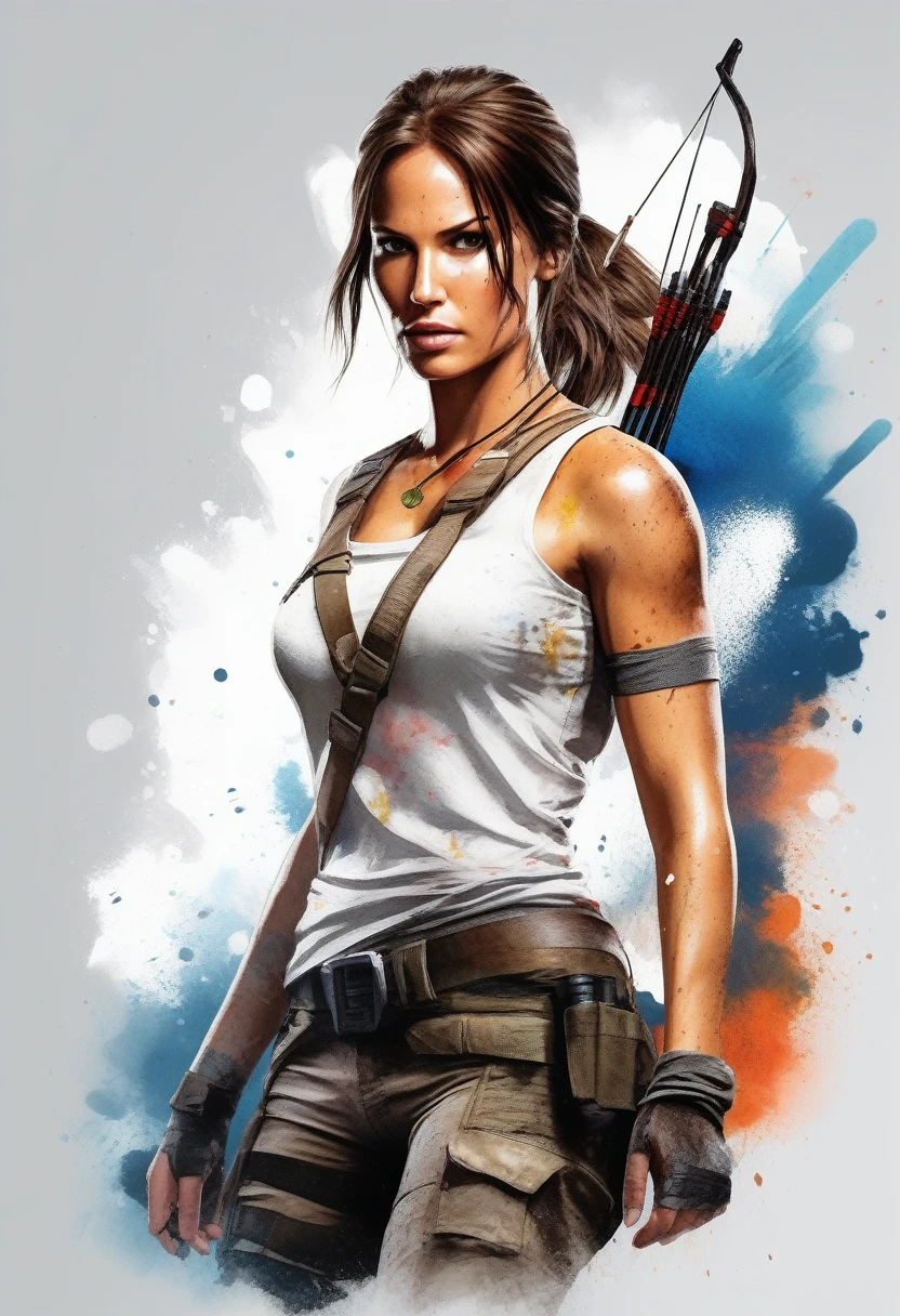 A stylish t-shirt, t shirt design, Centered art, 2D vector, water colour, Lara Croft Tomb Raider, White background, Adobe illustration, trends on artstation, High definition, 8K, details Intricate, vibrant eyes, arte linda, work of art, by Rafael Albuquerque , REMBRANDT luminosity