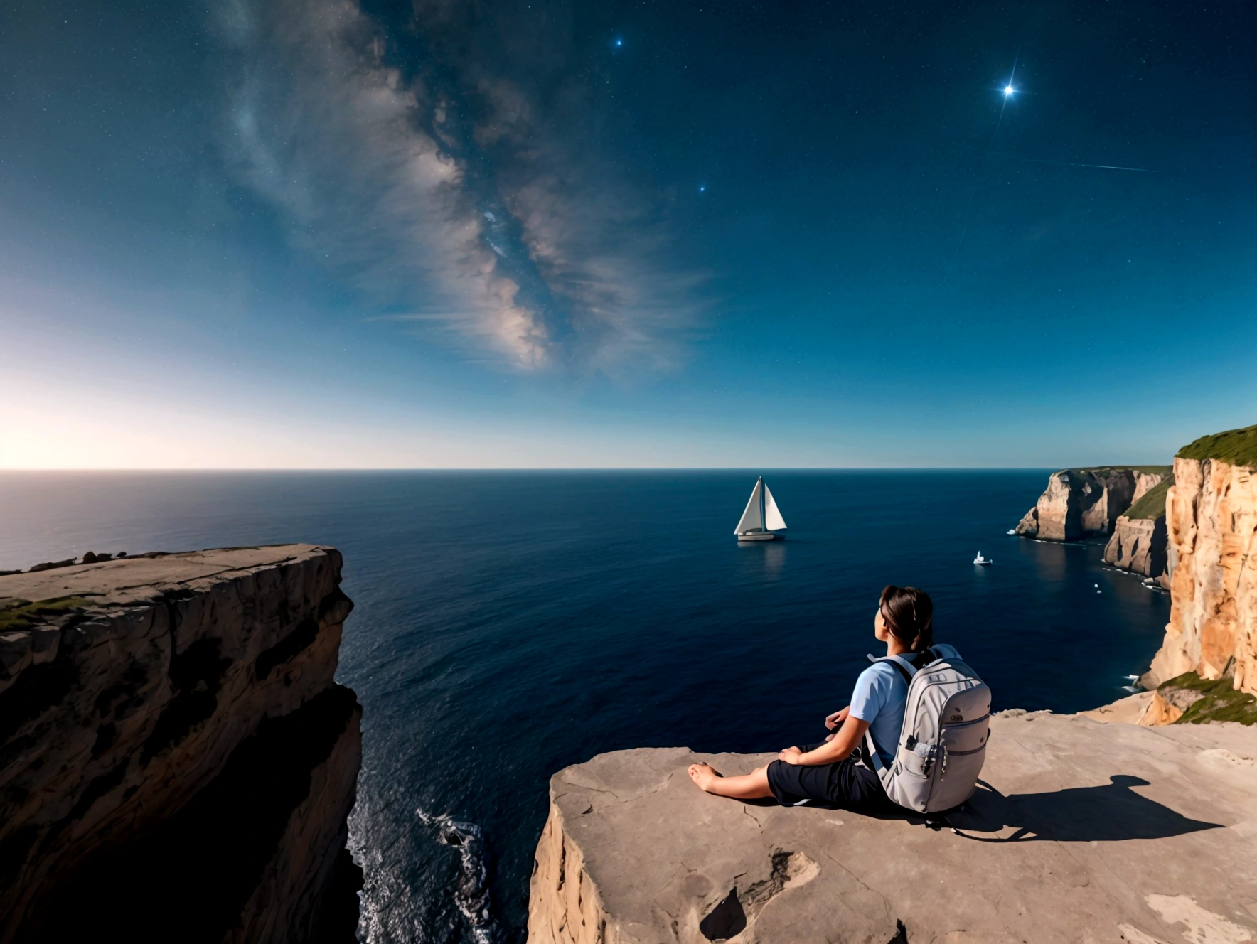 A space tourist with a backpack is sitting on the shore of a cliff. below is the sea, alien sky, romance, masterpiece, birds in the sky, sailboat