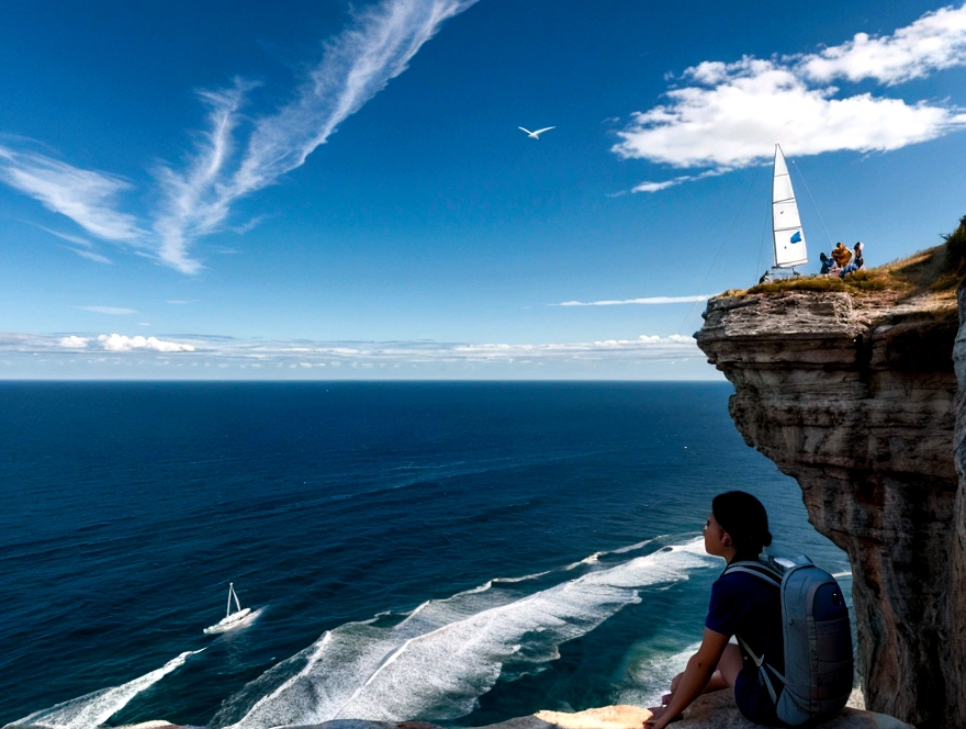 A space tourist with a backpack is sitting on the shore of a cliff. below is the sea, alien sky, romance, masterpiece, birds in the sky, sailboat