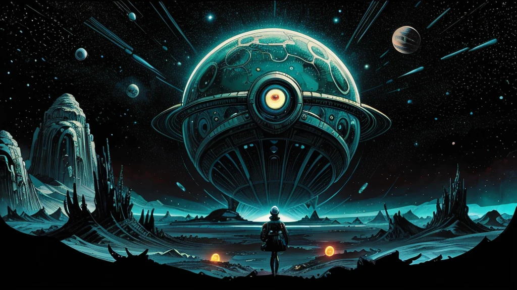 Create a dazzling alien world in the style of 1950s-70s comic book art. Use bold outlines, halftone patterns, and exaggerated perspective. Employ intense, saturated colors reminiscent of vintage four-color printing. Include one or more of the following elements:
A gleaming futuristic city with impossible architecture and flying vehicles
Bizarre, tentacled monsters with multiple eyes and otherworldly appendages
A desolate, crater-filled landscape with twin moons in the sky
Retro space girls in sleek silver suits and bubble helmets
A massive, ring-shaped space station orbiting a technicolor planet
Crystal formations and alien plant life in neon hues
Maintain a psychedelic, otherworldly atmosphere with swirling, colorful skies and strange celestial bodies. Emphasize the contrast between light and shadow to create a dramatic, pulp sci-fi feel.