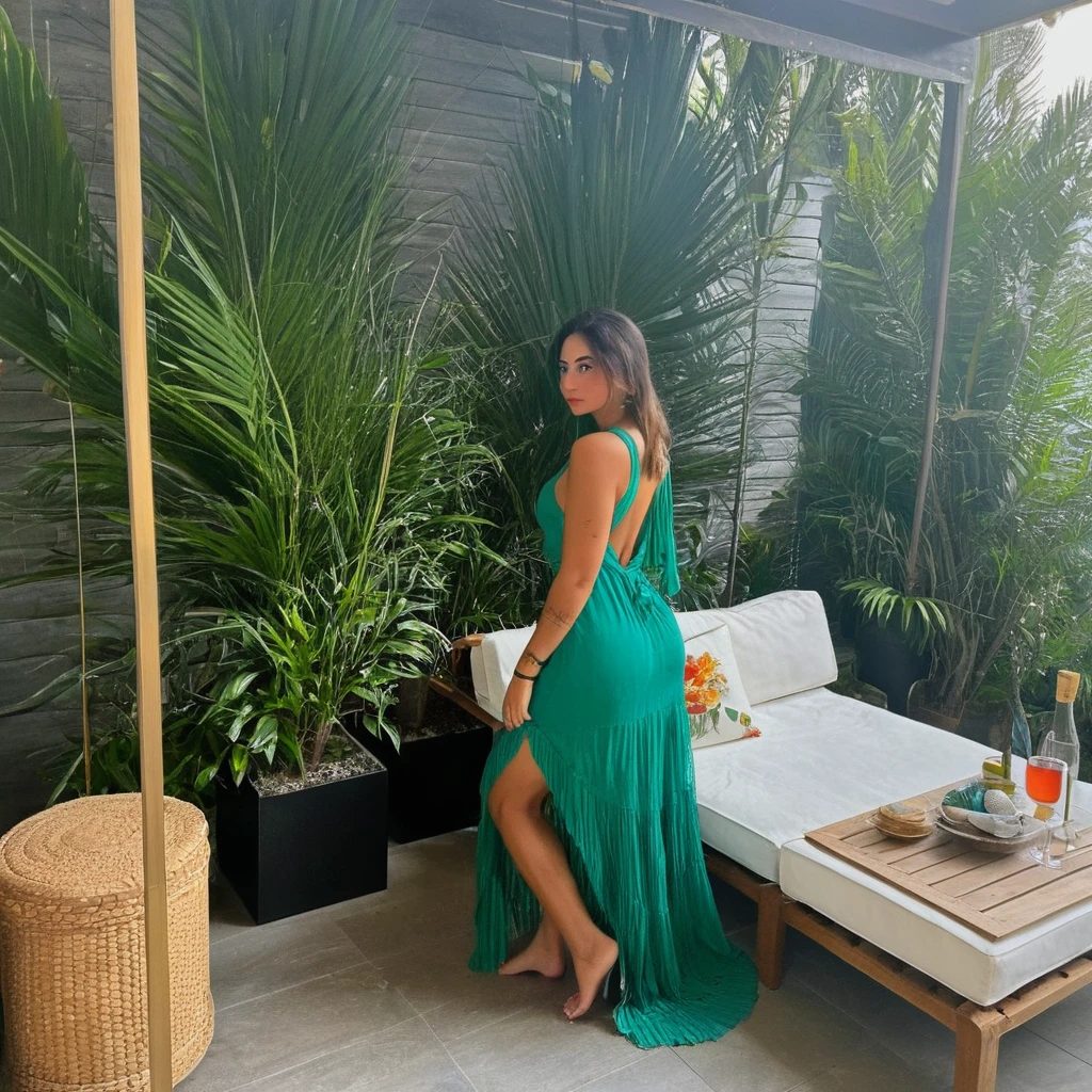 une femme séduisante dans un cadre parfait pour un post Instagram. La femme a une silhouette élancée et porte une robe moulante élégante de couleur vert émeraude avec des détails sophistiqués et séduisants. Ses cheveux sont longs, bouclés et d'un blond doré, tombant librement sur ses épaules. Elle porte un maquillage glamour avec un rouge à lèvres rose vif et un eye-liner dramatique. La femme pose de manière confiante, une main sur la hanche et l'autre tenant une coupe de champagne, avec un sourire séduisant et envoûtant sur son visage. Le décor est une terrasse tropicale luxuriante, située dans un complexe de villas de luxe en bord de mer, avec une vue imprenable sur l'océan au coucher du soleil. La terrasse est éclairée par des lanternes en rotin suspendues qui créent une ambiance chaleureuse et intime. Autour de la terrasse, il y a des fauteuils en osier avec des coussins moelleux et des tables basses en bois exotique. Des guirlandes lumineuses et des bougies parfumées ajoutent une touche romantique et magique. Des palmiers et des plantes tropicales luxuriantes accentuent l'ambiance paradisiaque du lieu. À proximité, une table basse en verre est décorée avec des fleurs tropicales, des coquillages et des verres à cocktail, ajoutant une touche de luxe et d'exotisme. La palette de couleurs est tropicale et vibrante, dominée par des tons de vert émeraude, de doré et de rose, avec une ambiance générale de luxe, de séduction et de paradis exotique.