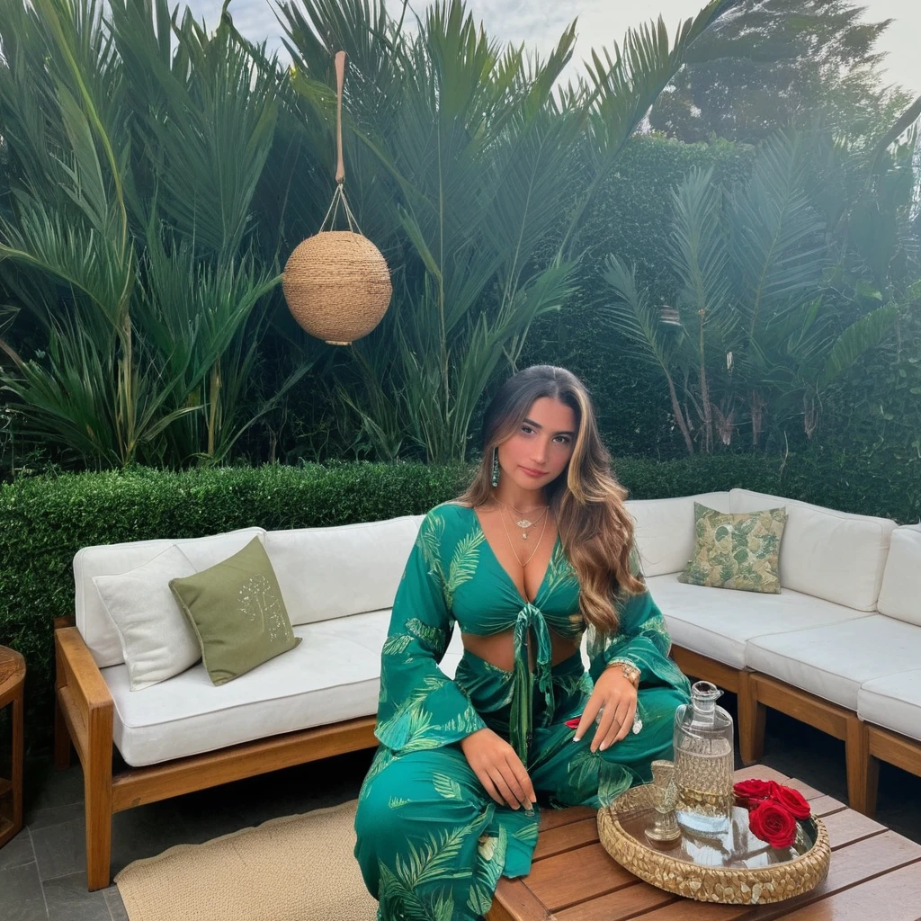 une femme séduisante dans un cadre parfait pour un post Instagram. La femme a une silhouette élancée et porte une robe moulante élégante de couleur vert émeraude avec des détails sophistiqués et séduisants. Ses cheveux sont longs, bouclés et d'un blond doré, tombant librement sur ses épaules. Elle porte un maquillage glamour avec un rouge à lèvres rose vif et un eye-liner dramatique. La femme pose de manière confiante, une main sur la hanche et l'autre tenant une coupe de champagne, avec un sourire séduisant et envoûtant sur son visage. Le décor est une terrasse tropicale luxuriante, située dans un complexe de villas de luxe en bord de mer, avec une vue imprenable sur l'océan au coucher du soleil. La terrasse est éclairée par des lanternes en rotin suspendues qui créent une ambiance chaleureuse et intime. Autour de la terrasse, il y a des fauteuils en osier avec des coussins moelleux et des tables basses en bois exotique. Des guirlandes lumineuses et des bougies parfumées ajoutent une touche romantique et magique. Des palmiers et des plantes tropicales luxuriantes accentuent l'ambiance paradisiaque du lieu. À proximité, une table basse en verre est décorée avec des fleurs tropicales, des coquillages et des verres à cocktail, ajoutant une touche de luxe et d'exotisme. La palette de couleurs est tropicale et vibrante, dominée par des tons de vert émeraude, de doré et de rose, avec une ambiance générale de luxe, de séduction et de paradis exotique.
