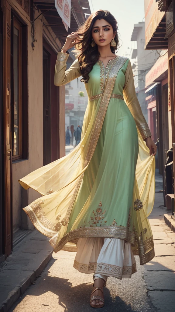a beautiful woman in a vibrant salwar kameez, elegant indian street, graceful motion adjusting hair, sunlight highlighting embroidery, natural beauty, high fashion portrait, cinematic lighting, warm color tones, photo-realistic, ultra-detailed, 8k, best quality, masterpiece