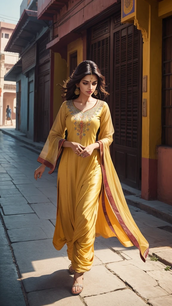 a beautiful woman in a vibrant salwar kameez, elegant indian street, graceful motion adjusting hair, sunlight highlighting embroidery, natural beauty, high fashion portrait, cinematic lighting, warm color tones, photo-realistic, ultra-detailed, 8k, best quality, masterpiece