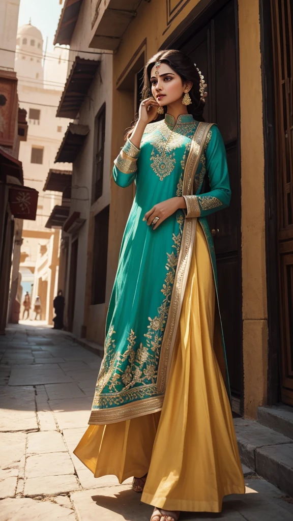 a beautiful woman in a vibrant salwar kameez, elegant indian street, graceful motion adjusting hair, sunlight highlighting embroidery, natural beauty, high fashion portrait, cinematic lighting, warm color tones, photo-realistic, ultra-detailed, 8k, best quality, masterpiece
