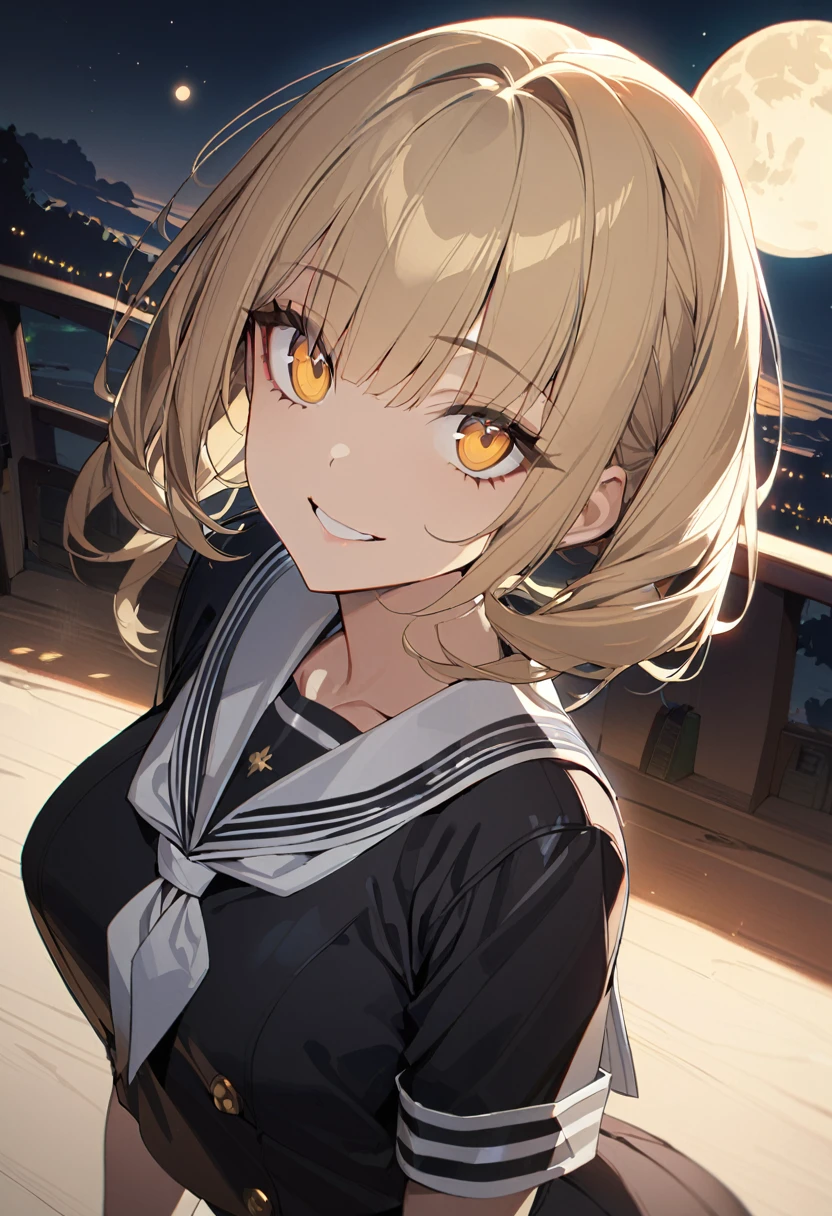 1 girl, masterpiece, best quality, beautiful woman, smile, big eyes, golden eyes, blonde hair, hime cut, twin tails, black sailor suit, moon, anime