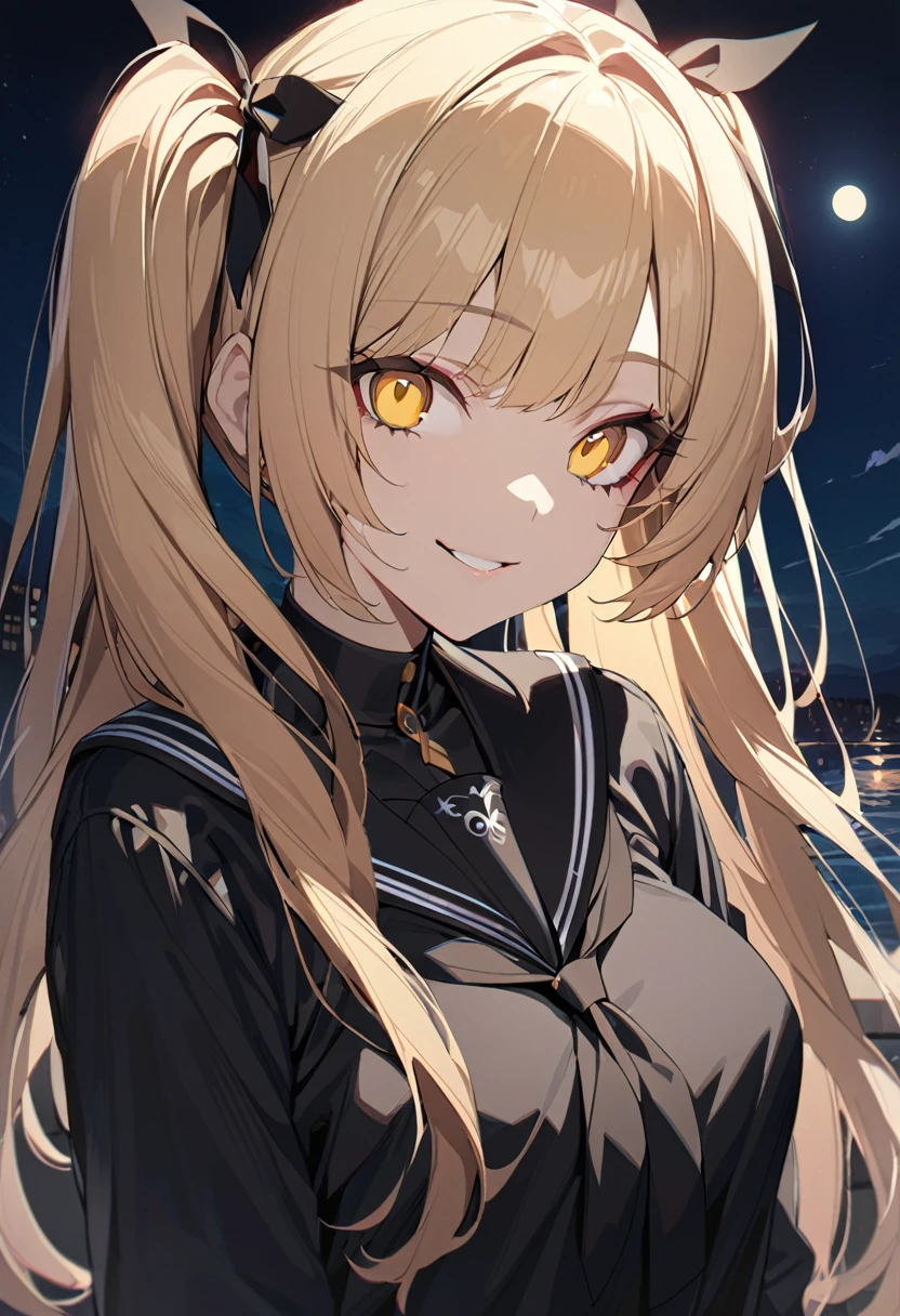 1 girl, masterpiece, best quality, beautiful woman, smile, big eyes, golden eyes, blonde hair, hime cut, twin tails, black sailor suit, moon, anime