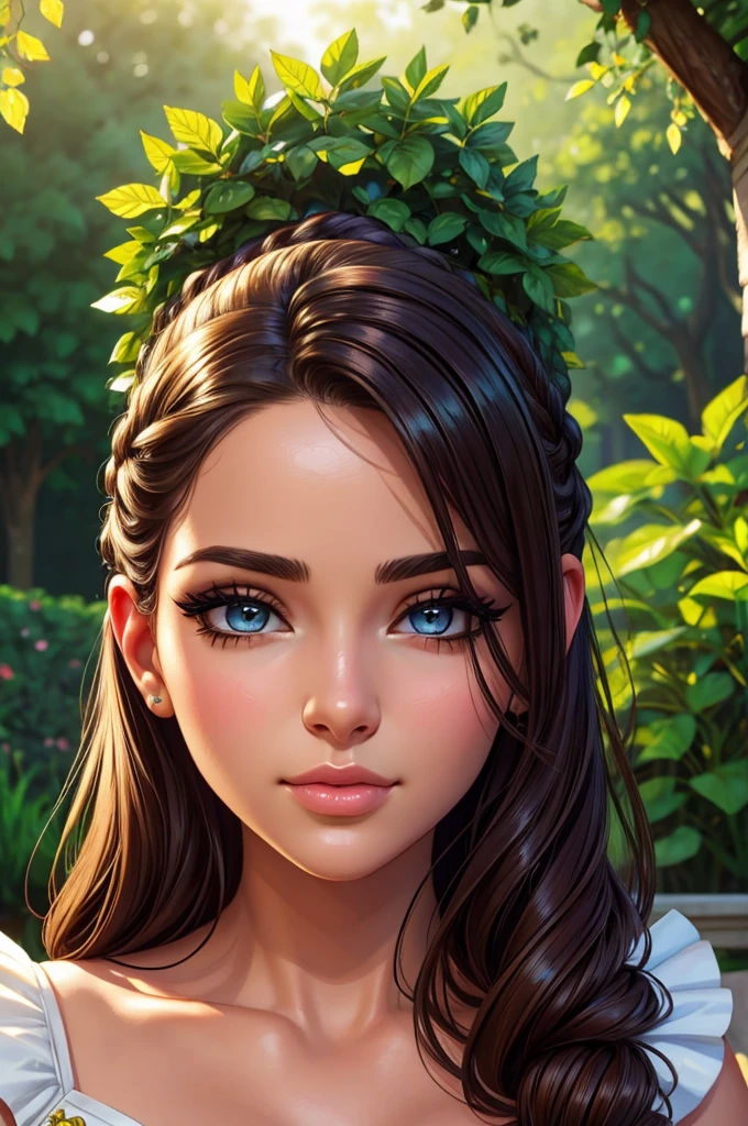 cute young woman, 1girl, face closeup, beautiful detailed eyes, beautiful detailed lips, extremely detailed face, long eyelashes, looking at camera, serene expression, outdoor garden setting, lush greenery, blurred background, natural lighting, vibrant colors, detailed skin texture, elegant hairstyle, soft focus, cinematic lighting, fantasy art style, digital painting, 8k, highly detailed, photorealistic, masterpiece