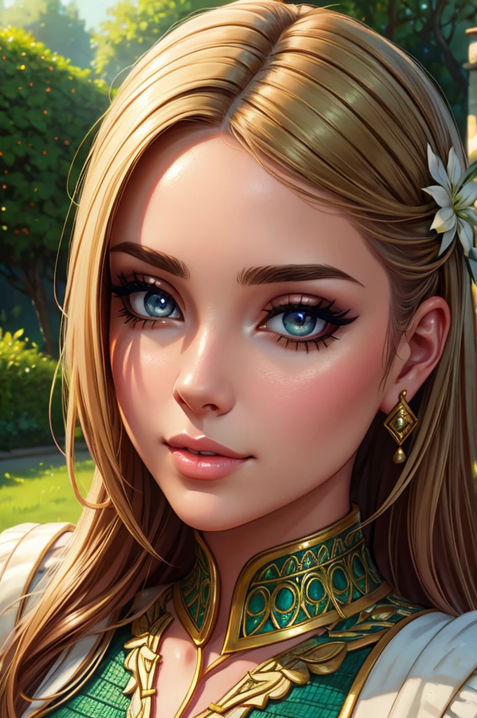 cute young woman, 1girl, face closeup, beautiful detailed eyes, beautiful detailed lips, extremely detailed face, long eyelashes, looking at camera, serene expression, outdoor garden setting, lush greenery, blurred background, natural lighting, vibrant colors, detailed skin texture, elegant hairstyle, soft focus, cinematic lighting, fantasy art style, digital painting, 8k, highly detailed, photorealistic, masterpiece