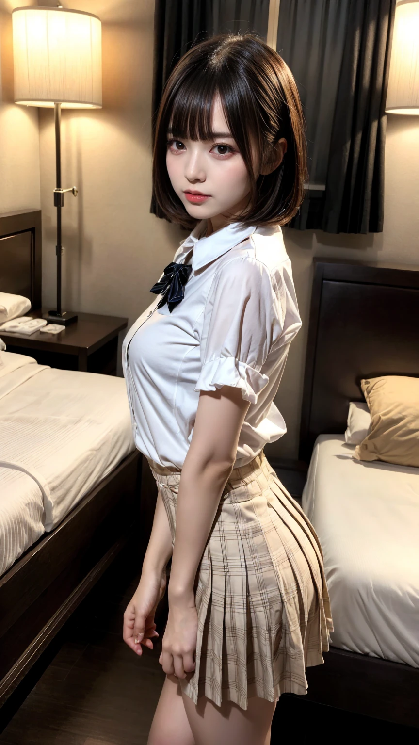 masterpiece, best quality, illustration, Super detailed, fine details, High resolution, 8K,wall paper, perfect dynamic composition,(Details High quality, realistic depiction of eyes:1.3), from side, standing, (collared shirt:1.1), pleated skirt, short bob hair、black hair color, Big Natural Color Lip, bold sexy pose, crying a little、Harajuku style、20 year old girl、cute type、ta、beautiful legs, hotel room, gravure idol, medium breasts