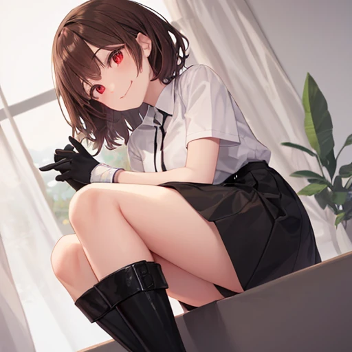 Old woman, Little smile, red eyes, Brown hair, black boots, short black skirt, short sleeve white shirt, black gloves.