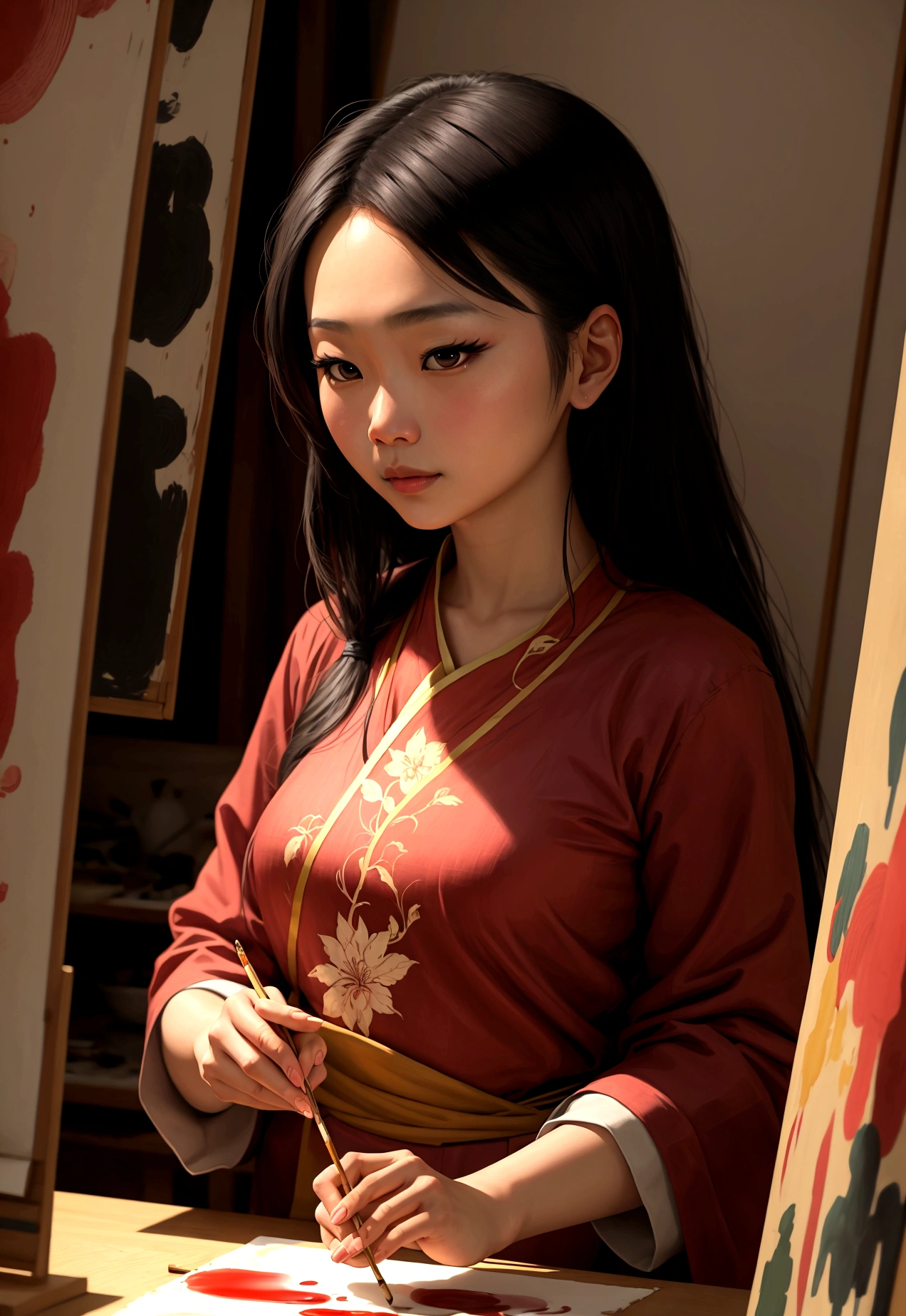 asian woman painting in studio