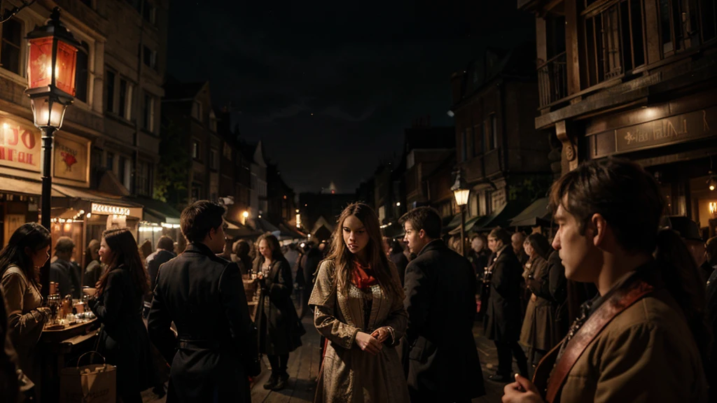 (located dramatically on london victorian london slum night market flea with dramatic red lantern lights source) element detail with rustic background, dark, night scene, no-light, shade, shadow, storm night cinematic, detail environtment scenery, people interact on that market, there`s a  stole the apples, format beauty, shades, desaturate, ultra HD, taken with Fujifilm XF 56mm f/1.2 R Lens. long exposure, HDR10 8K