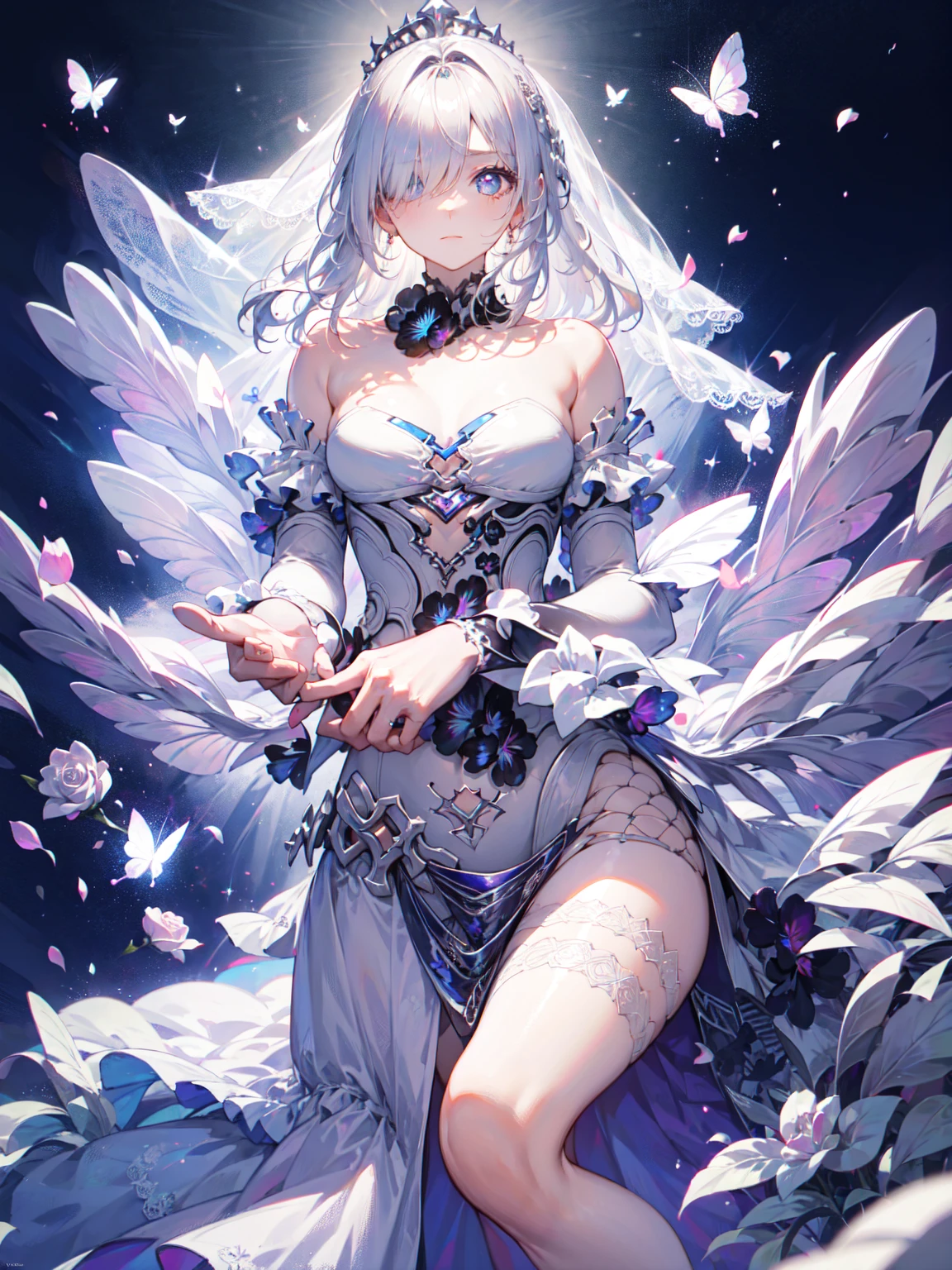 Silver Hair，Butterfly，Long white hair，White Wedding Dress，8k wallpaper，Detailed background，Maximum resolution，Deep V Big，hair covering one eye，Strapless wedding dress，Chis，White Rose，Tight