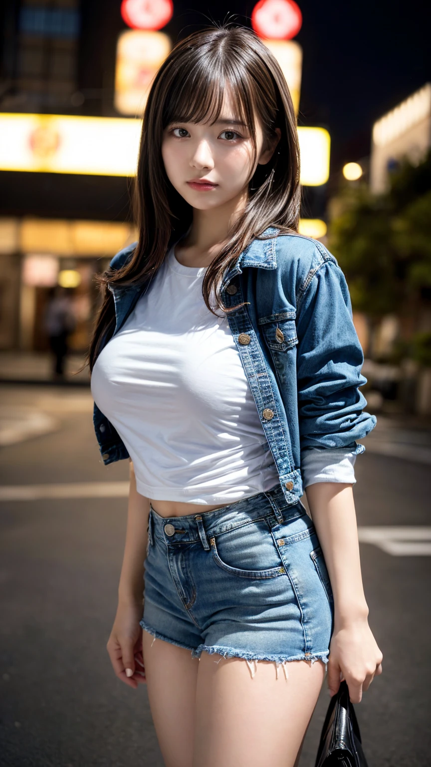 masterpiece, best quality, illustration, Super detailed, fine details, High resolution, 8K,wall paper, perfect dynamic composition,(Details High quality, realistic depiction of eyes:1.3), (Fashionable, Denim Jacket, Oversized T-shirt, a denim miniskirt), (large breasts), Layered Cut, black hair color, Big Natural Color Lip, sexy pose, (perfect body shape), crying a little、cold gaze, Harajuku style、20 year old girl、cute type、lolita、beautiful legs, night club, at midnight, Gravure Idol, Voluptuous thighs