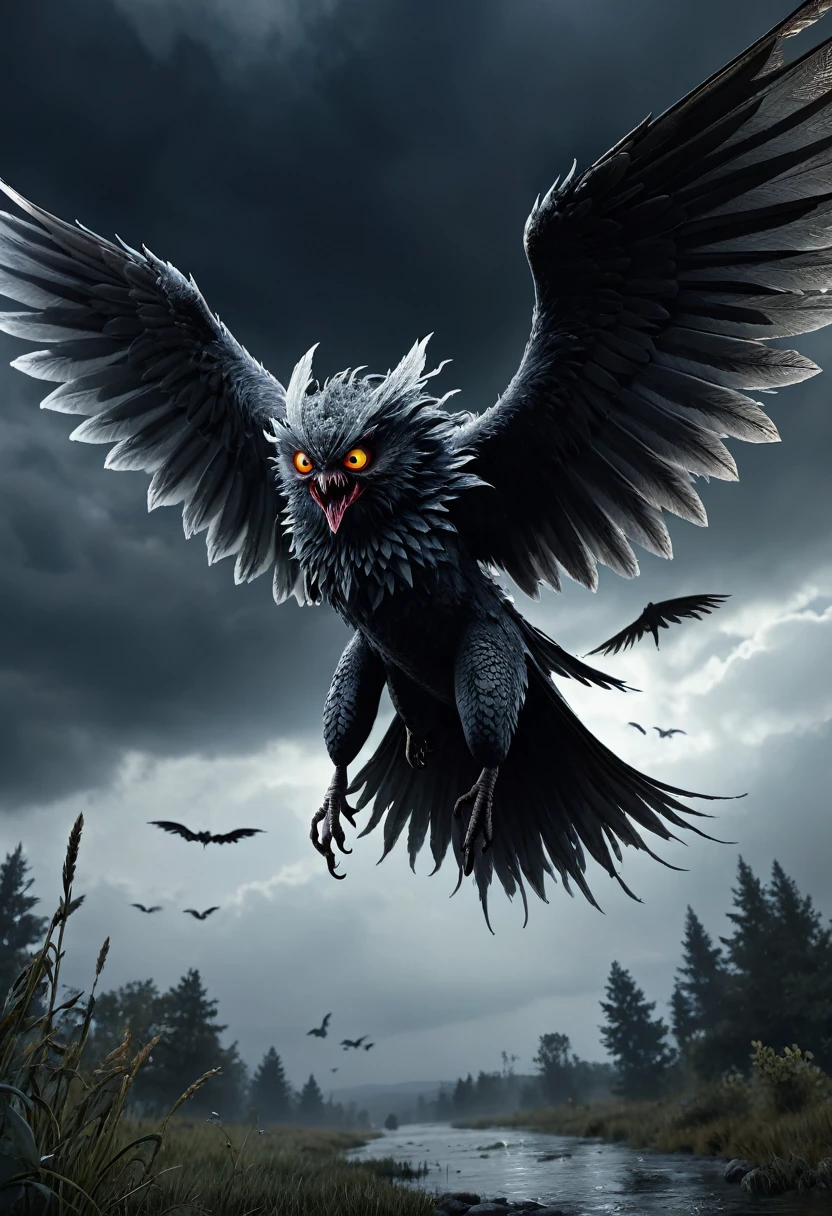 high quality 8k resolution, detailed and haunting, best quality, masterpiece, photorealistic, ultra-detailed, winged horror flying