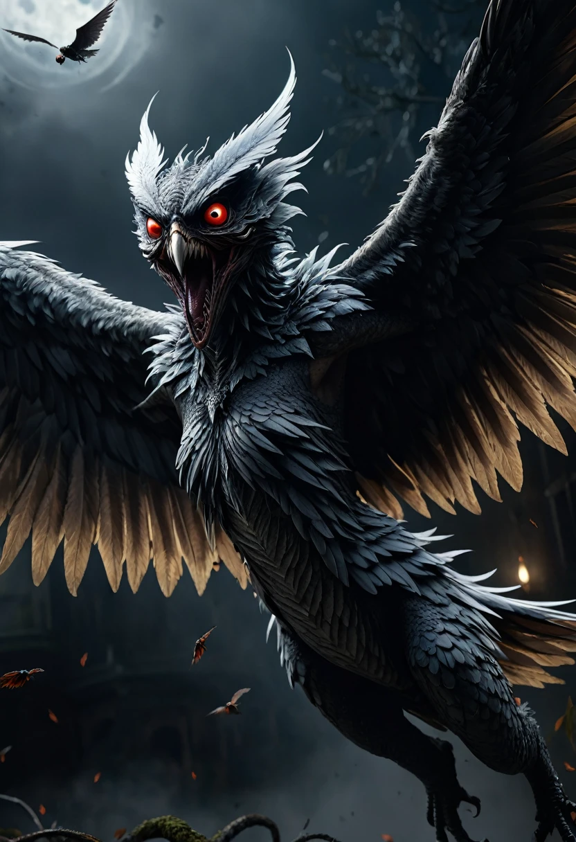 high quality 8k resolution, detailed and haunting, best quality, masterpiece, photorealistic, ultra-detailed, winged horror flying